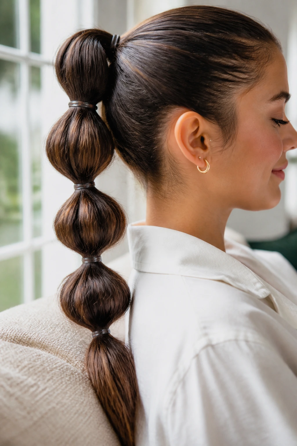 Close-up of a woman with a bubble ponytail showing distinct segments