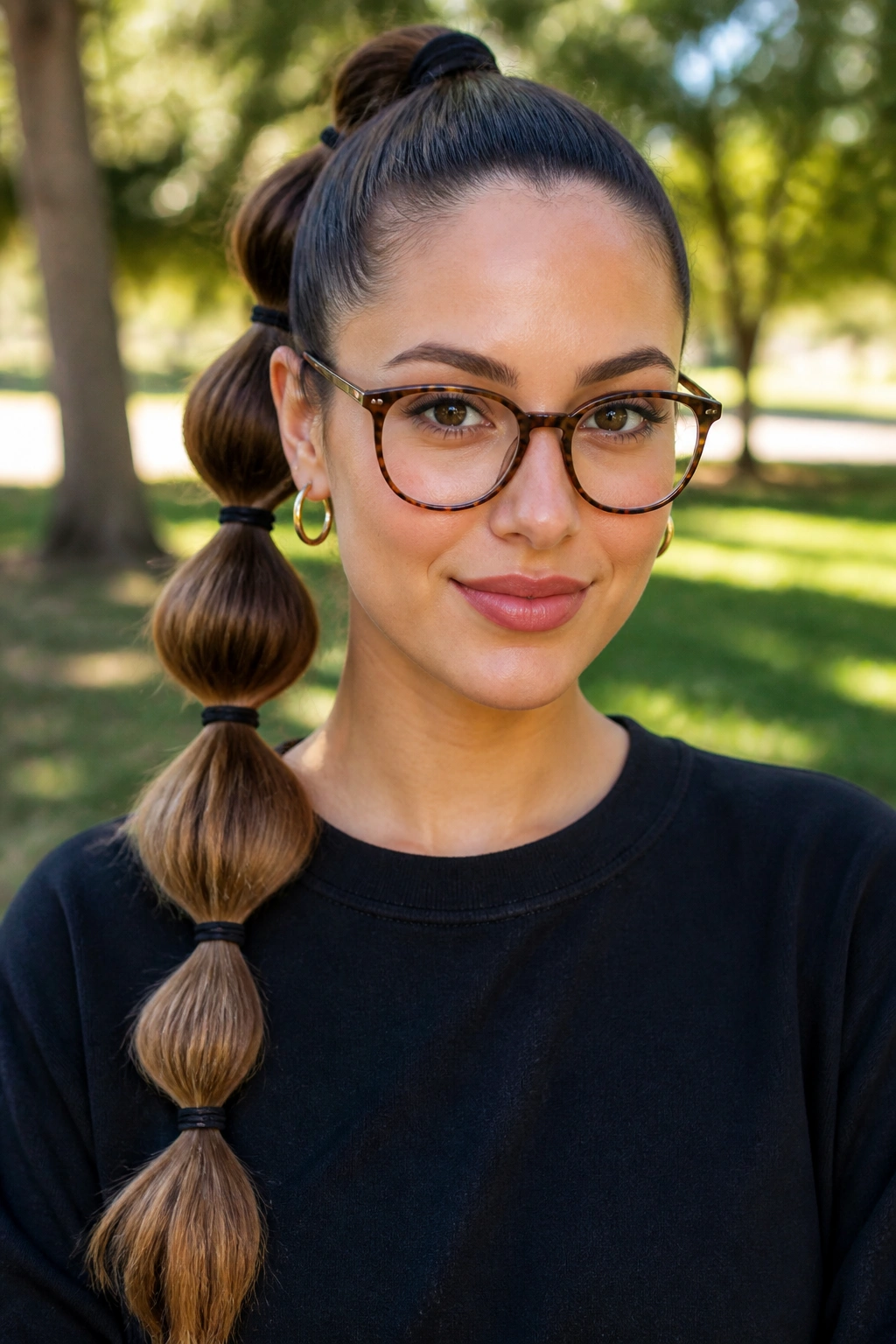 Portrait of a woman with a bubble ponytail and glasses in a sunny park