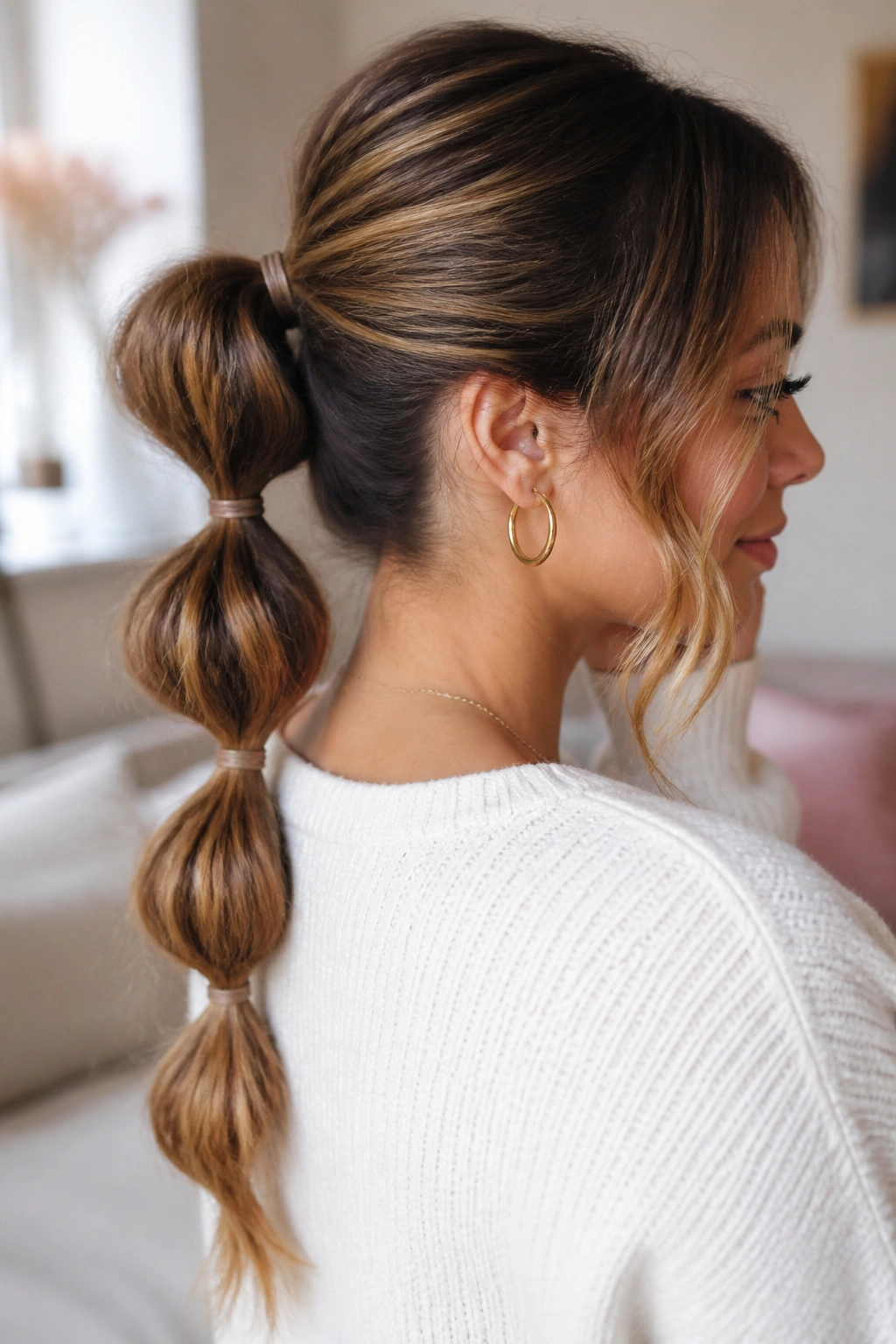 Real woman with a bubble ponytail in soft window light