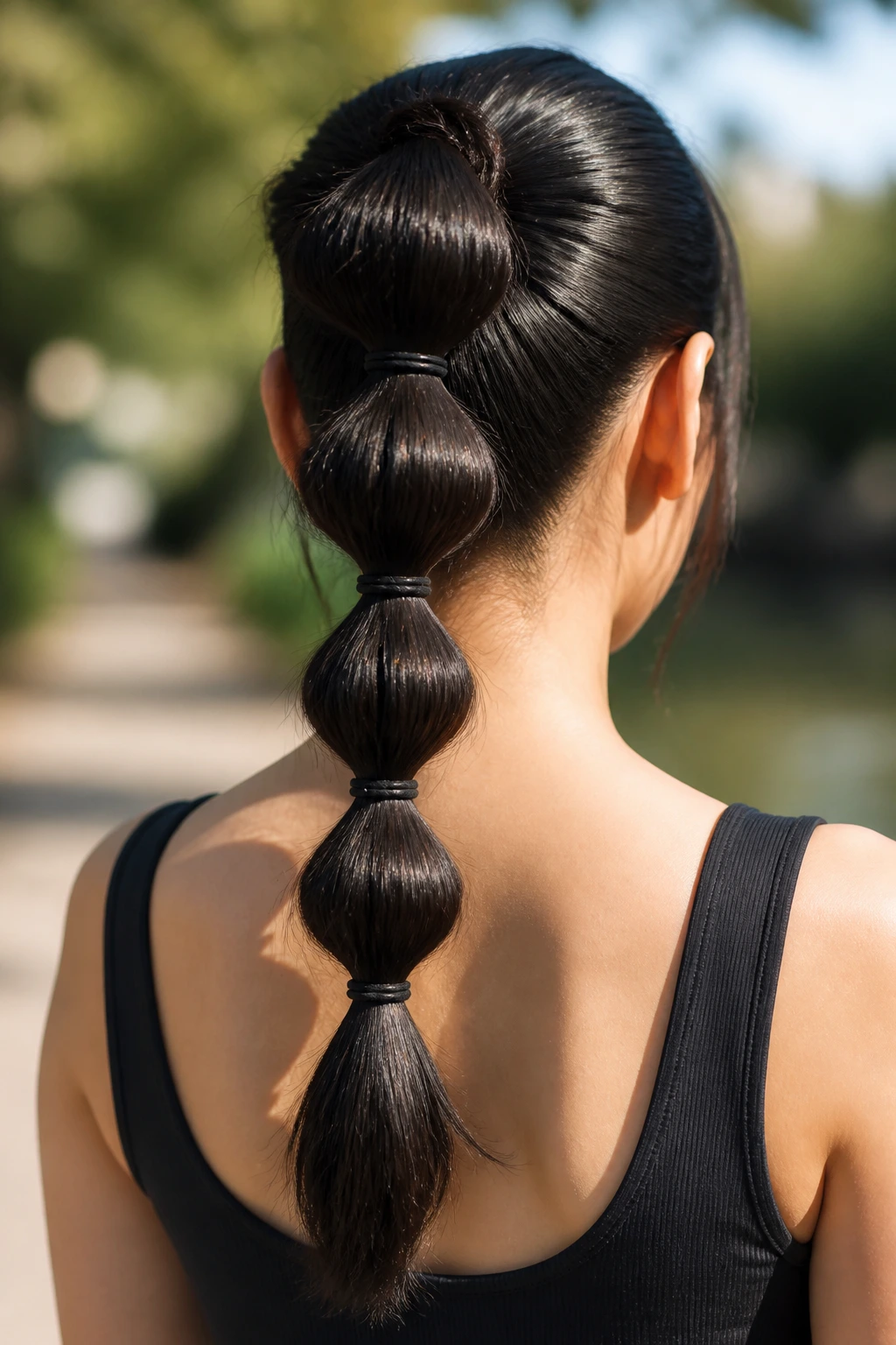 Back view of a real woman with a bubble ponytail