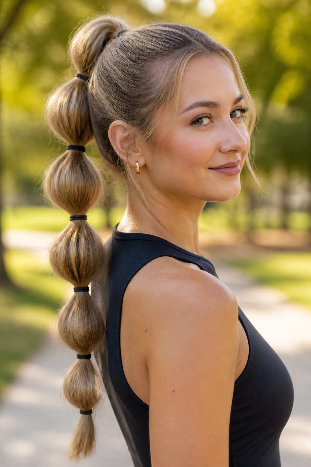 Close-up of a real woman with a bubble ponytail showing elastic-segmented bubbles along the length