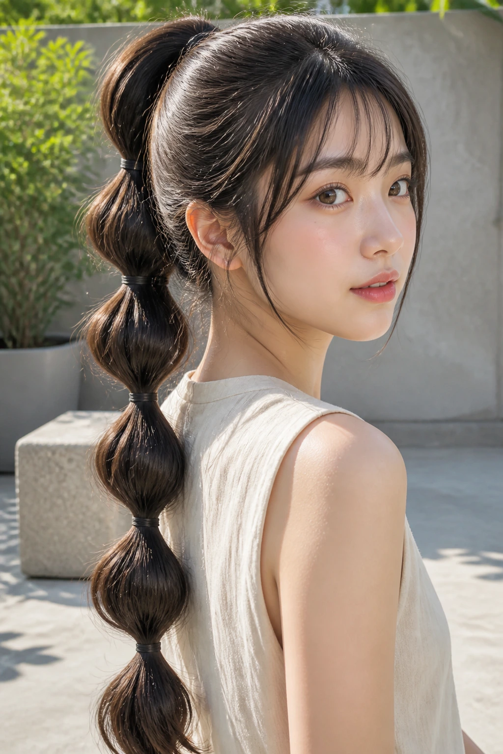 Real woman with bubble ponytail hairstyle in bright outdoor light