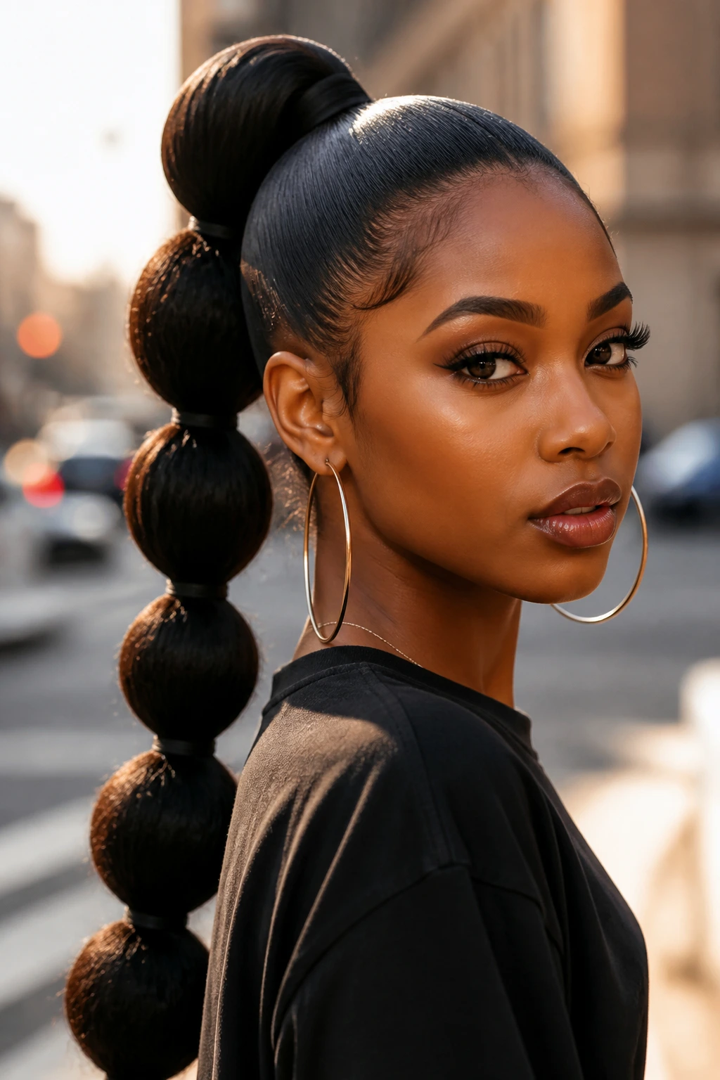 Close-up of a woman with a bubble ponytail showing rounded segments