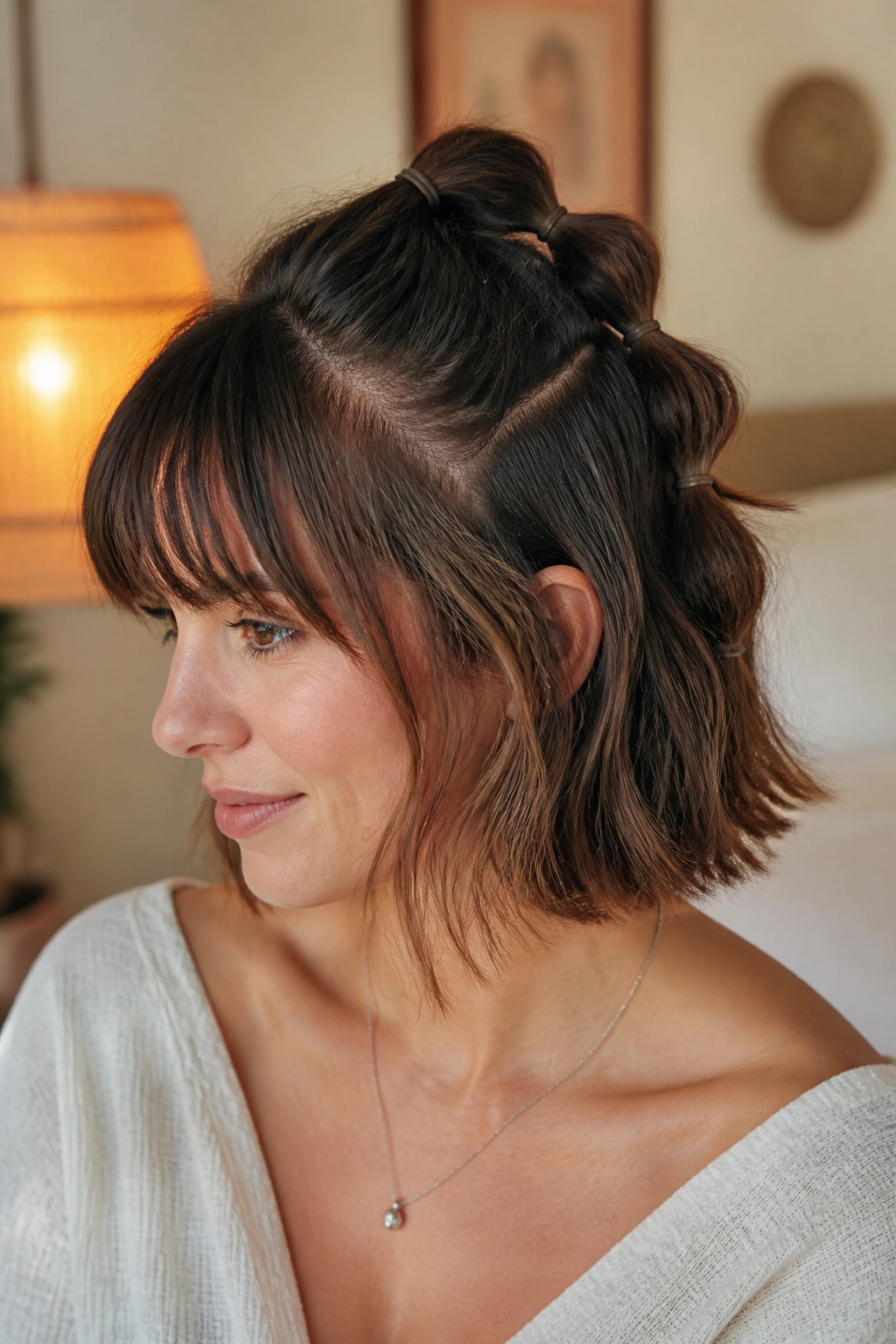 Close-up of a real woman with Bubble Half Ponytail hairstyle