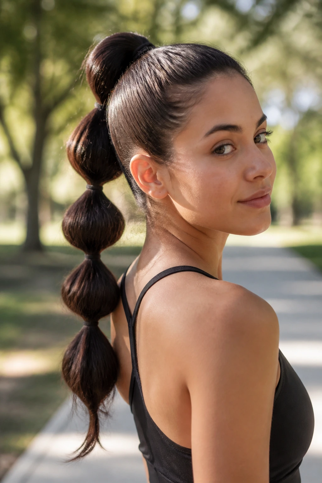 Close-up of a real woman with a bubble ponytail showing evenly spaced elastic bubbles along length
