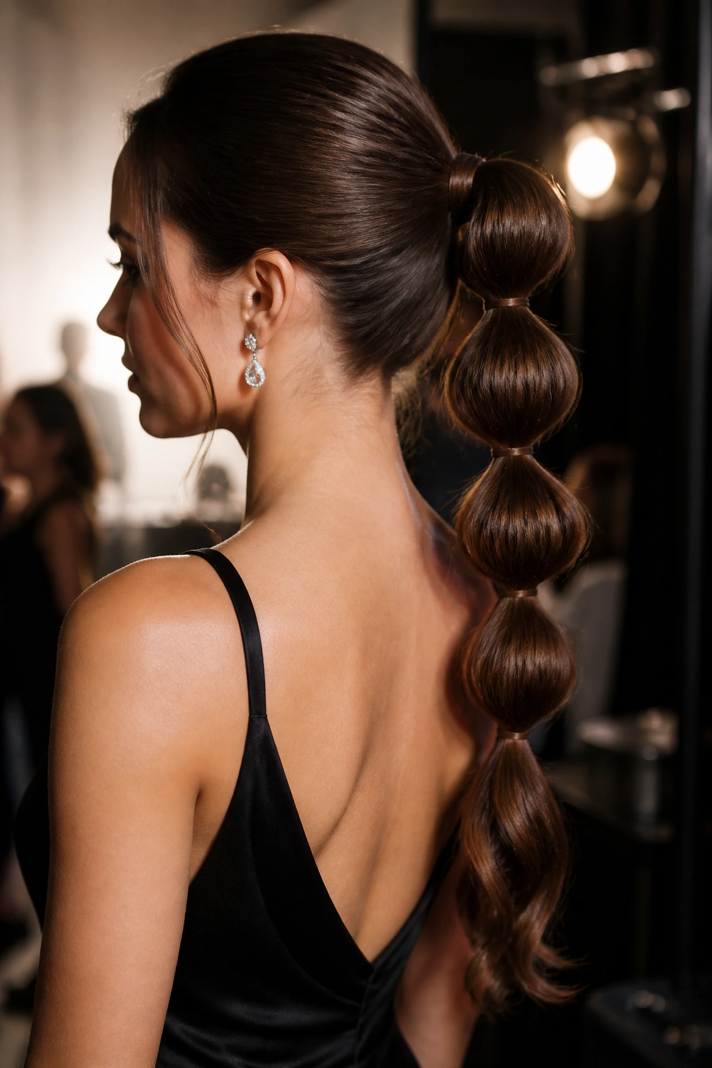 Close-up of a woman with a bubble ponytail showing even bubble segments along the tail.