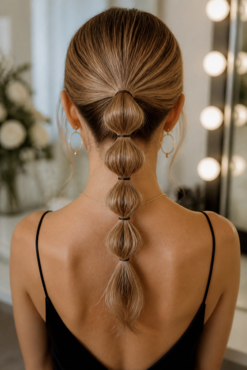 Back view of a real woman with a bubble ponytail formed by multiple small elastics