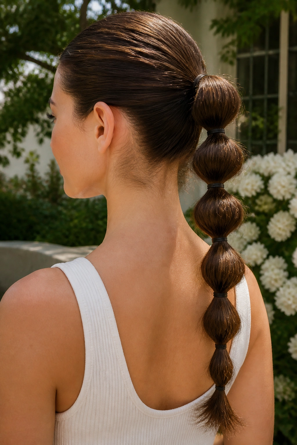 Close-up of a real person with a bubble ponytail in a sunlit garden