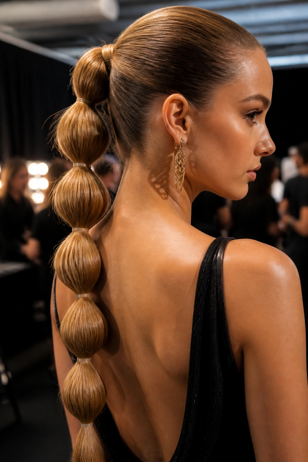 Profile close-up of a real woman with a bubble ponytail hairstyle