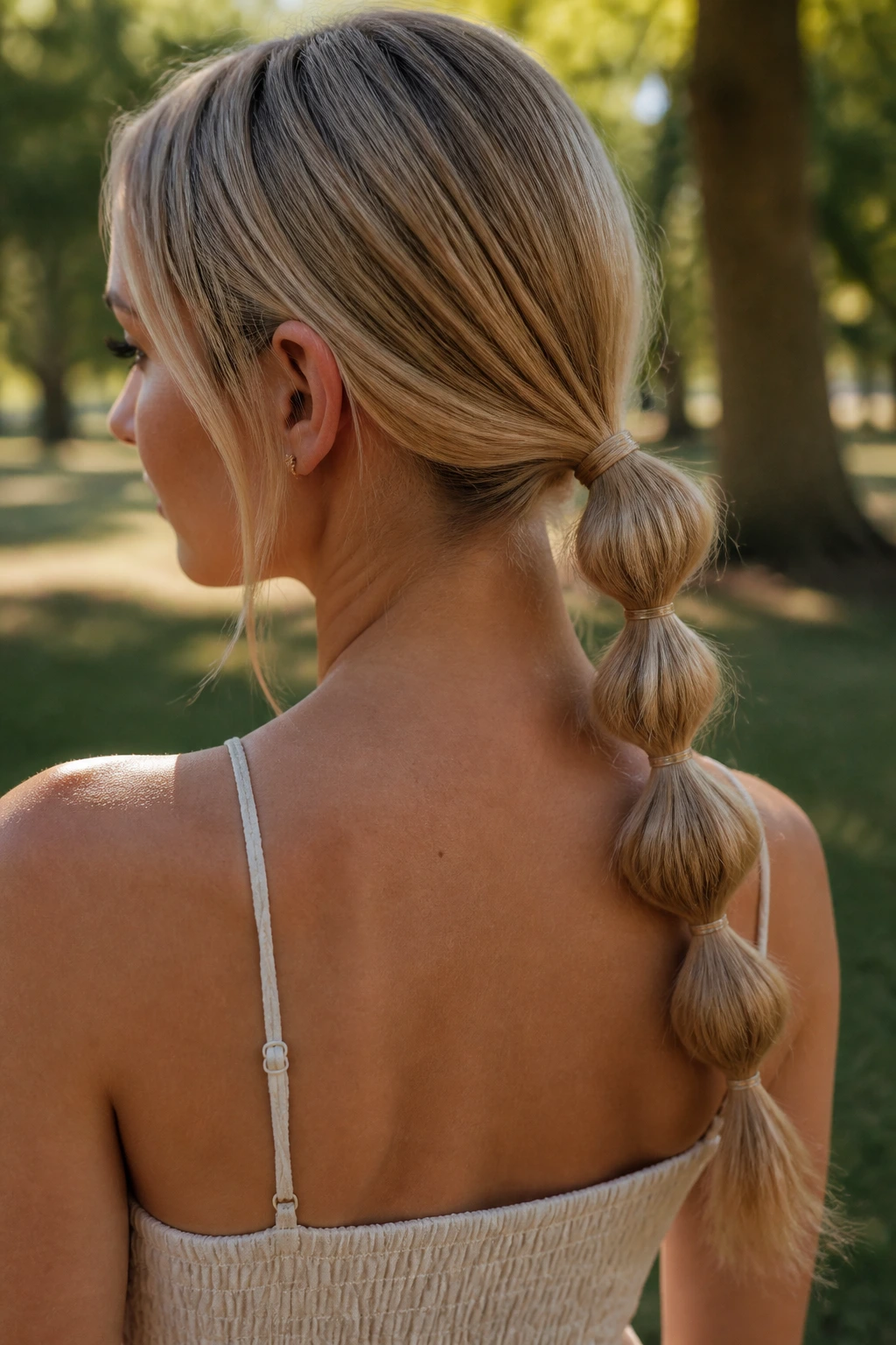 Close-up of a real woman with Bubble Ponytail showing segmented bubbles along the ponytail