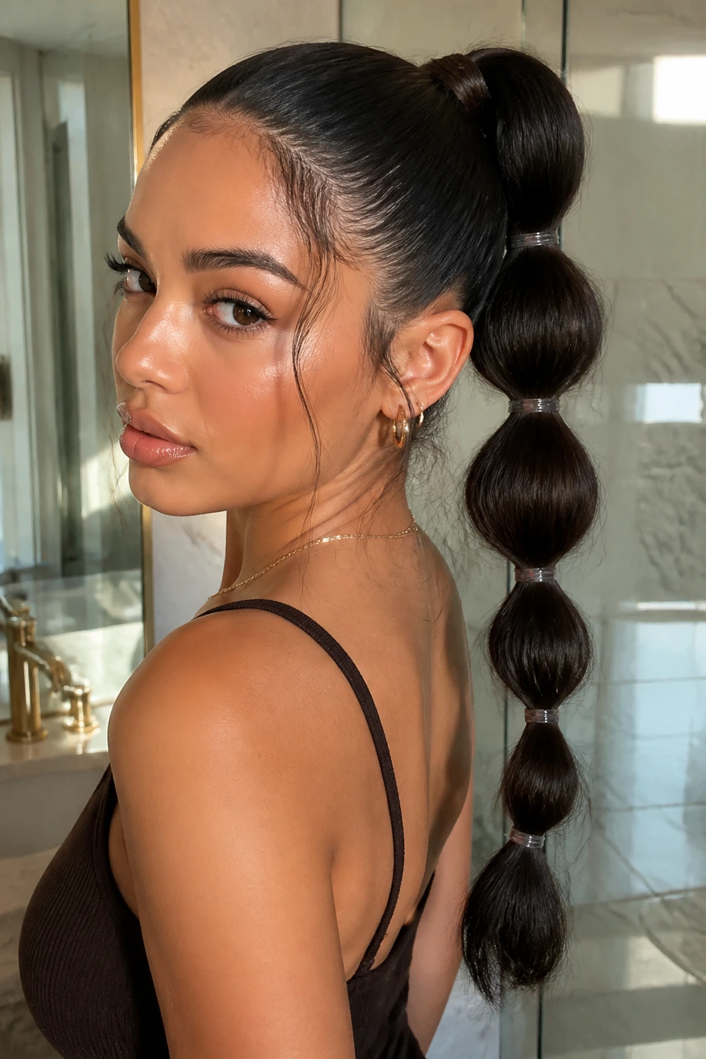 Close-up of a real woman with a bubble ponytail featuring multiple bubbles