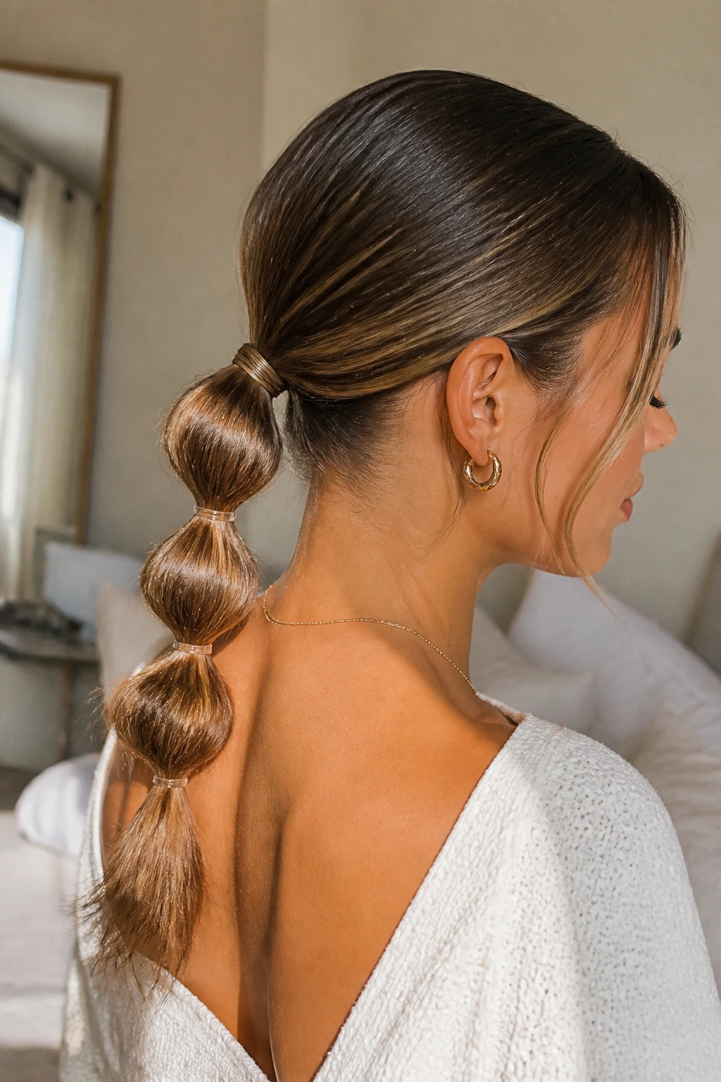 Close-up of a real woman with a bubble low ponytail and visible elastic bubbles