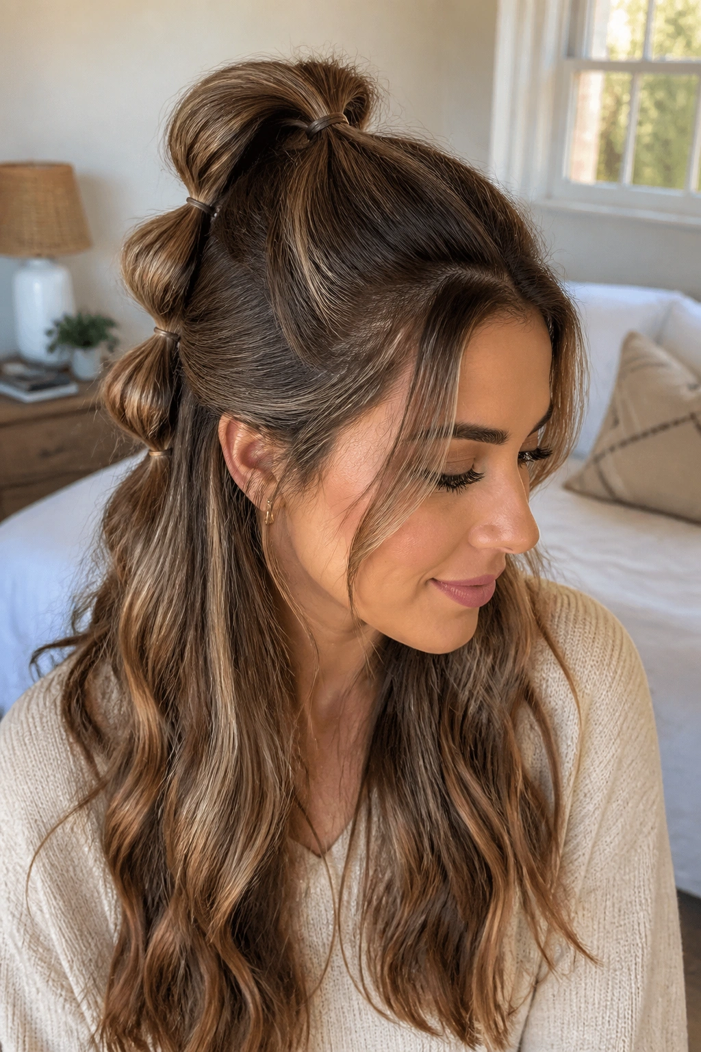 Close-up of a real woman with a bubble half-up ponytail in warm bedroom light