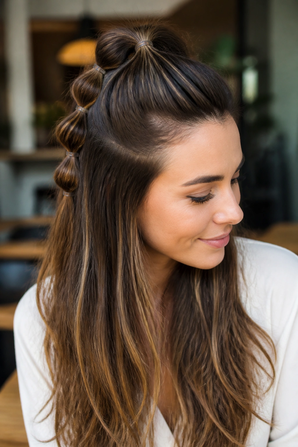 Close-up of a real woman with a bubble ponytail hairstyle