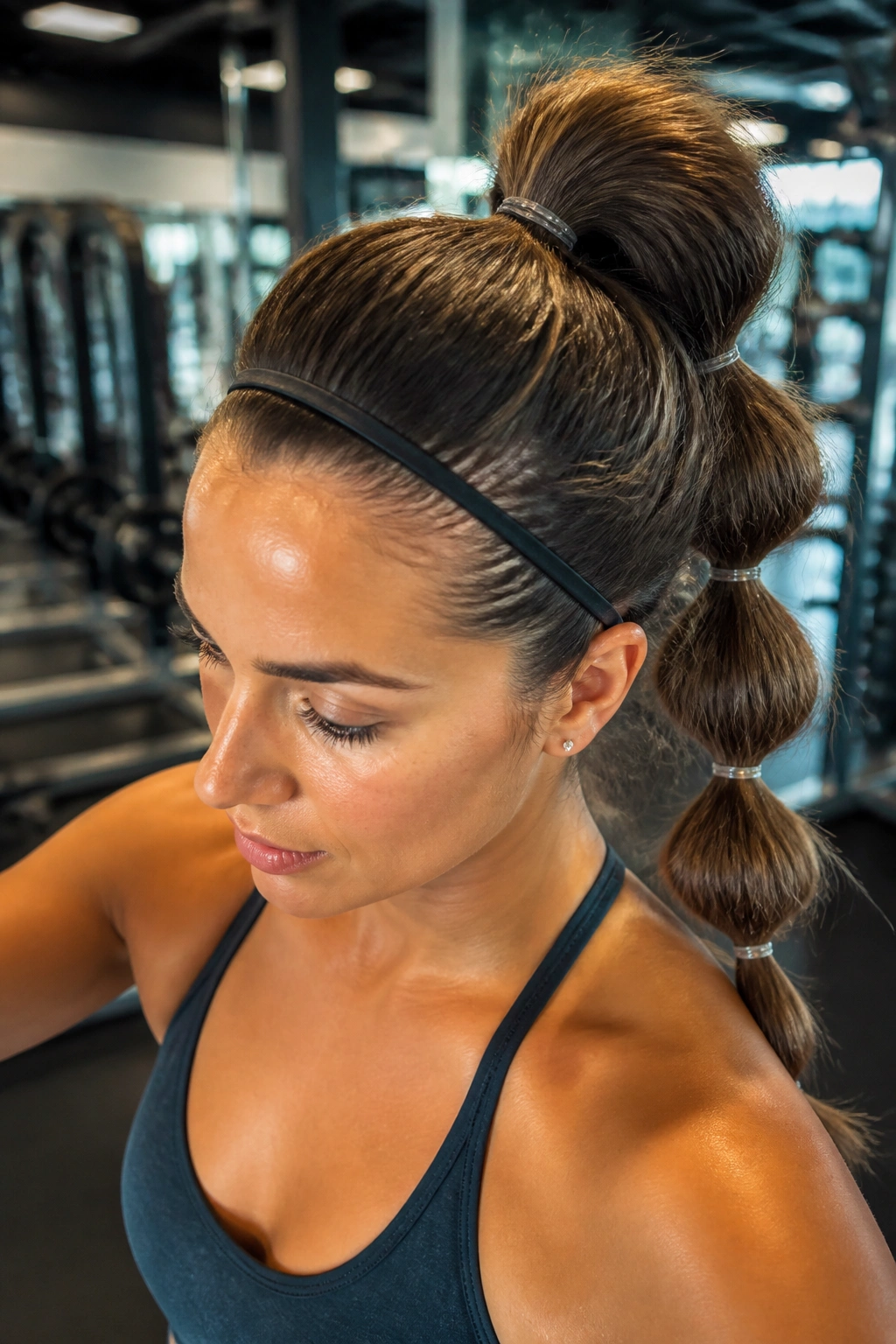 Close-up of a real woman with a high bubble ponytail and slim headband during training
