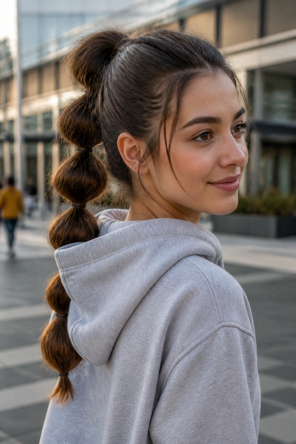 Real person with bubble ponytail under hoodie, visible elastic bubbles
