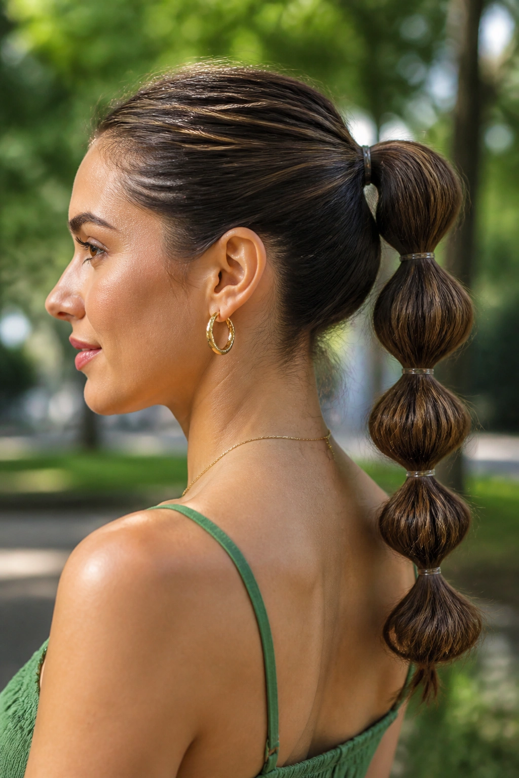 Close-up of a real person with a bubble ponytail formed by evenly spaced elastics.