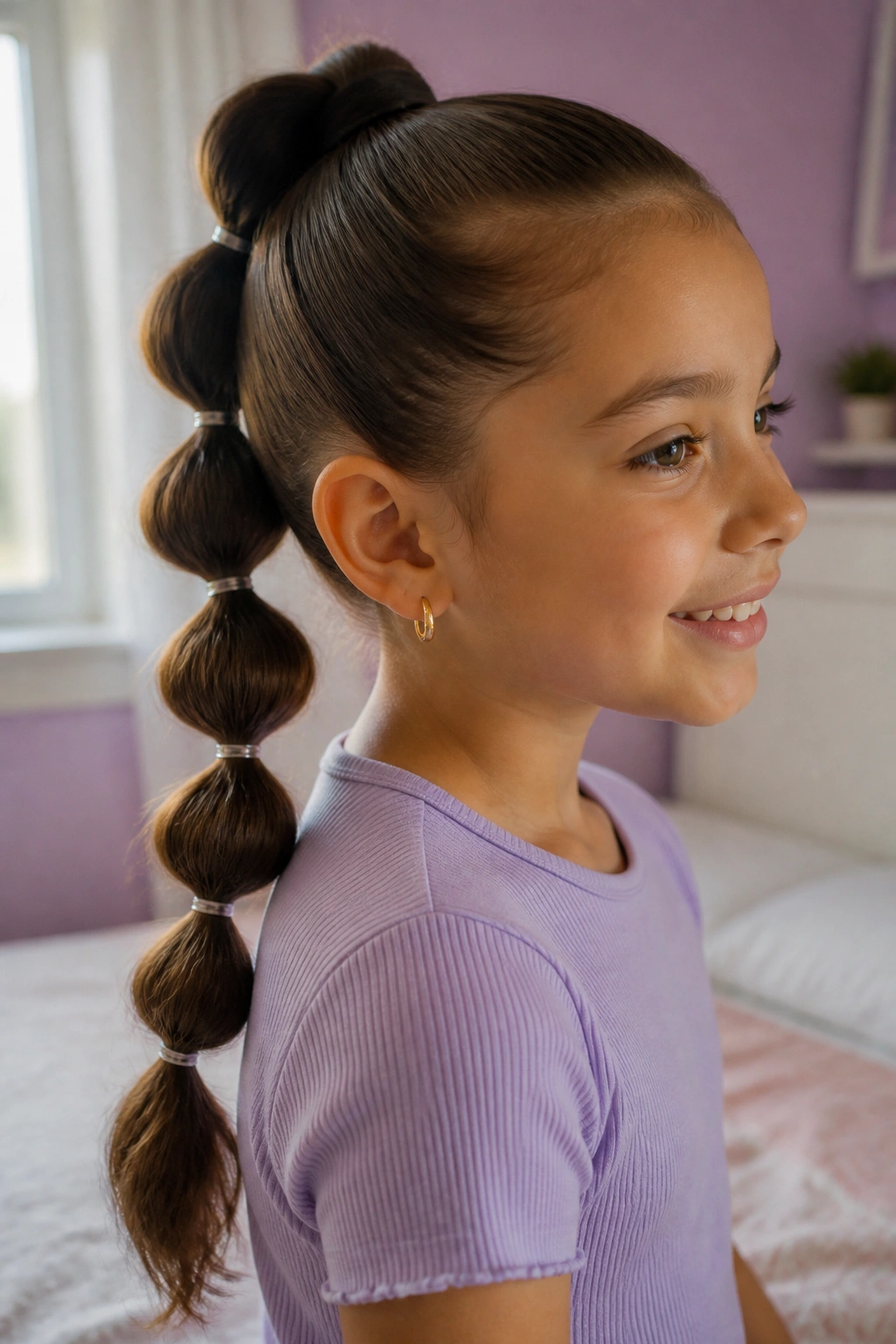 Close-up of a real child with a bubble ponytail featuring puffed bubbles created by elastic bands