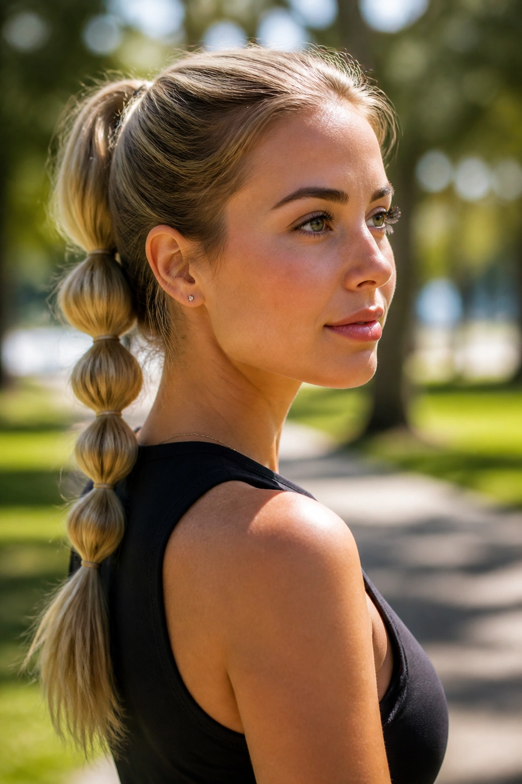 Close-up portrait of a real woman with a Bubble Ponytail Knot hairstyle in a sunny park