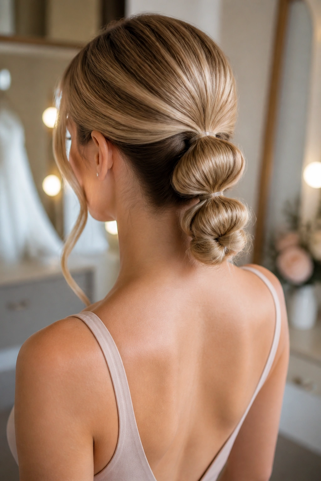 Three-quarter back view of real woman with bubble ponytail knot
