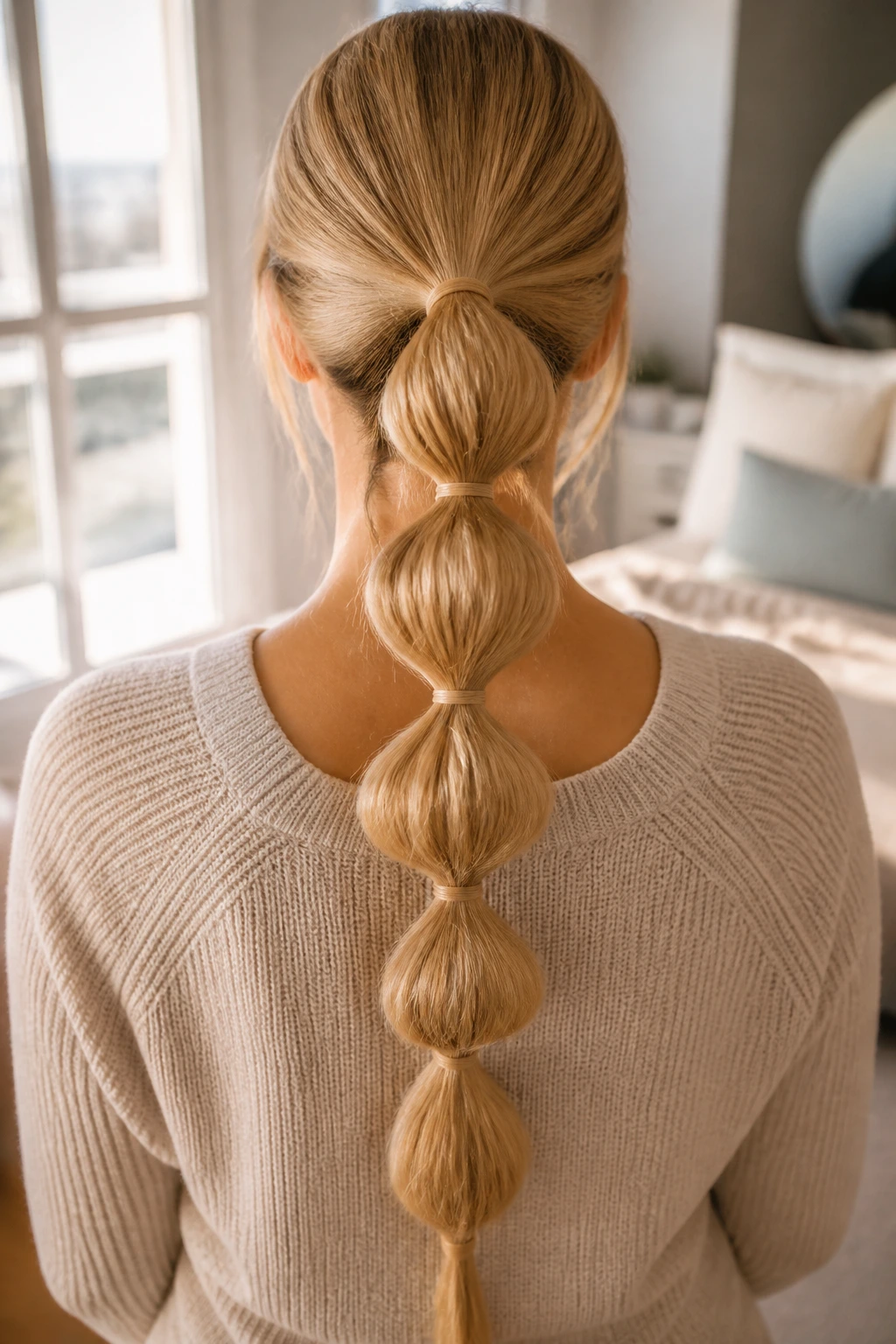 Rear view of a long bubble ponytail with elastics