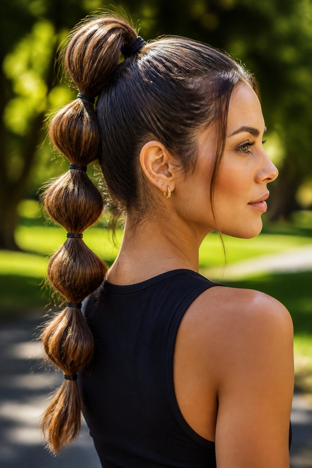 Close-up of a real woman with a bubble high ponytail showing bubble sections