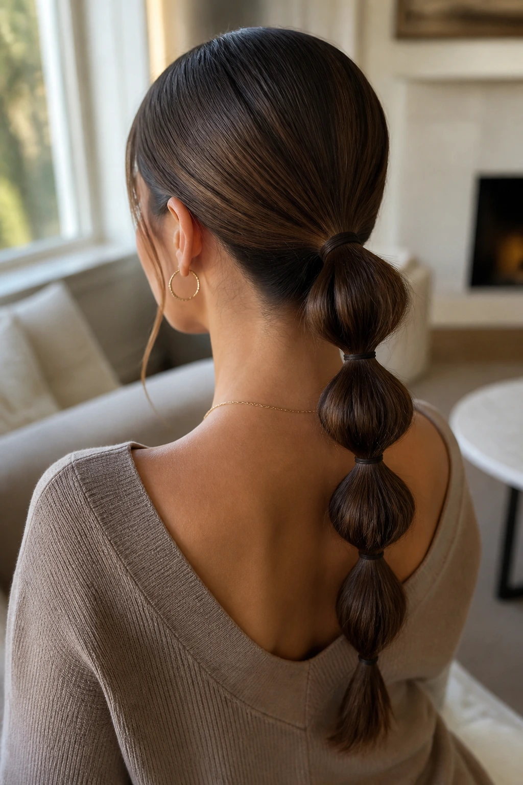 Back view of a real woman with a low bubble ponytail