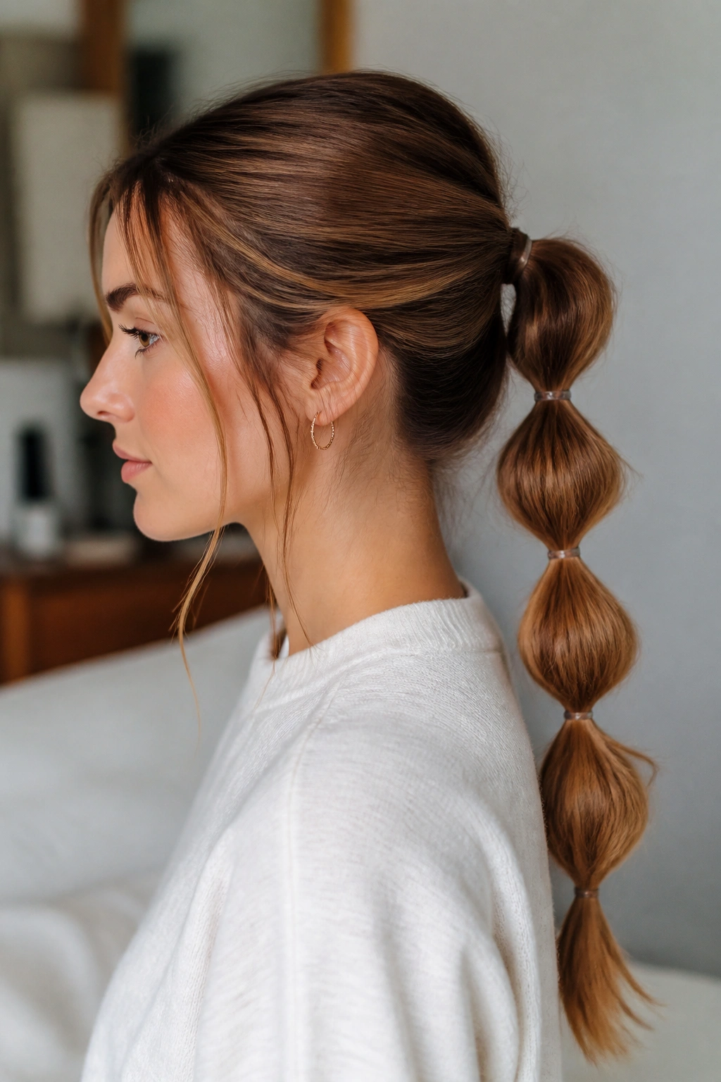 Real person with a bubble ponytail showing rounded elastic bubbles along the length