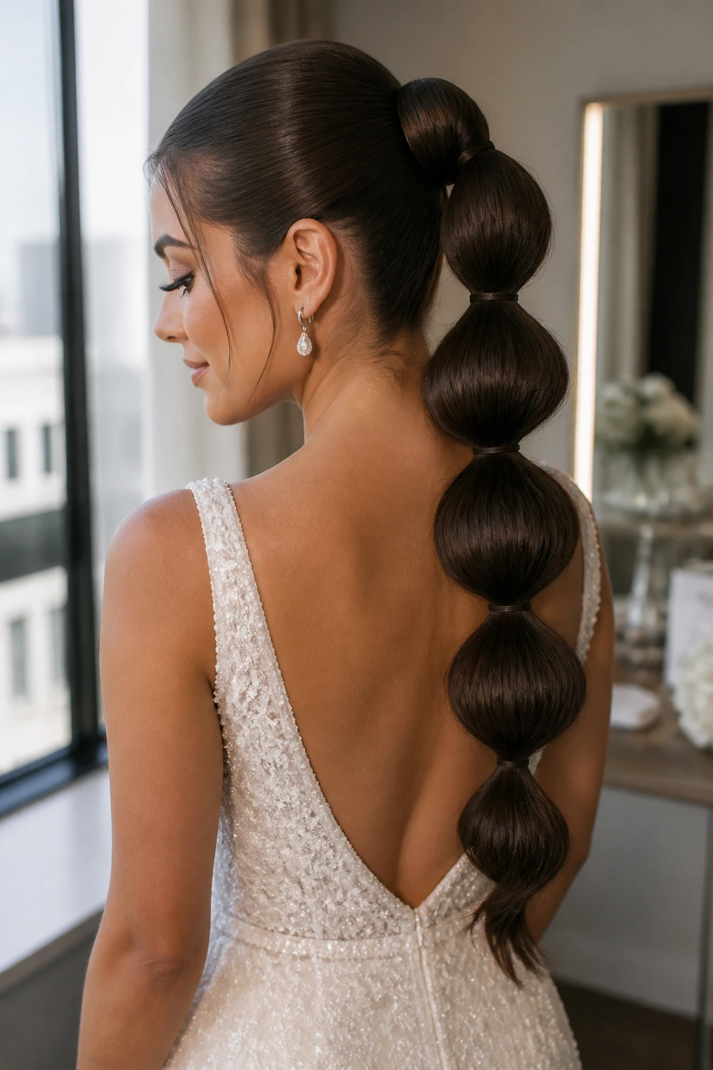 Bride with a bubble ponytail and segmented bubbles down the ponytail