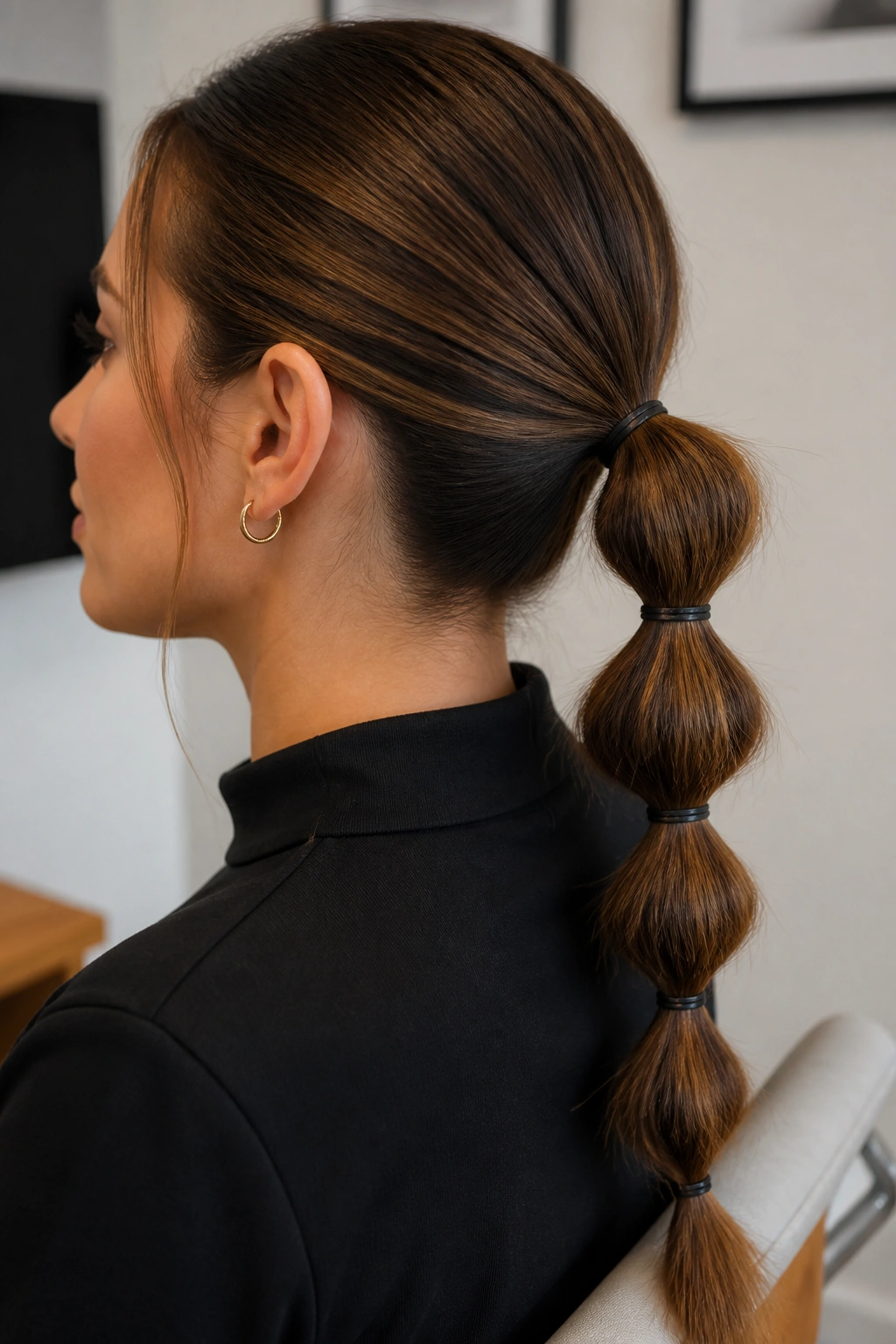 Close-up of a bubble ponytail with tiny elastics along the length in an office