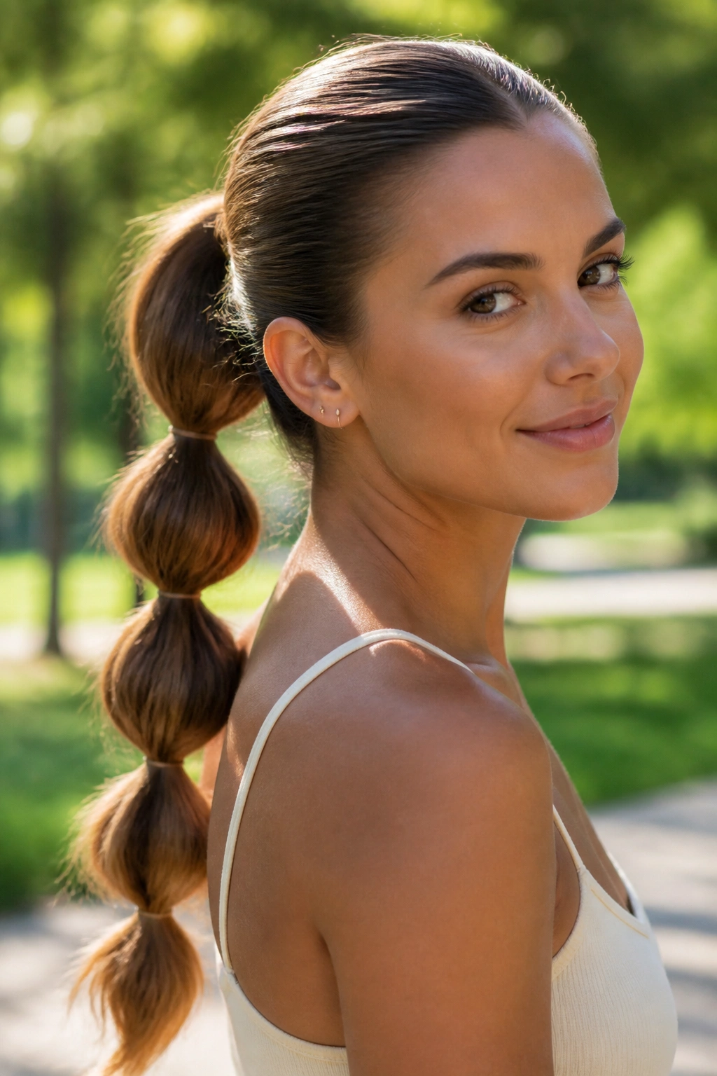 Close-up of bubble ponytail on a real woman outdoors