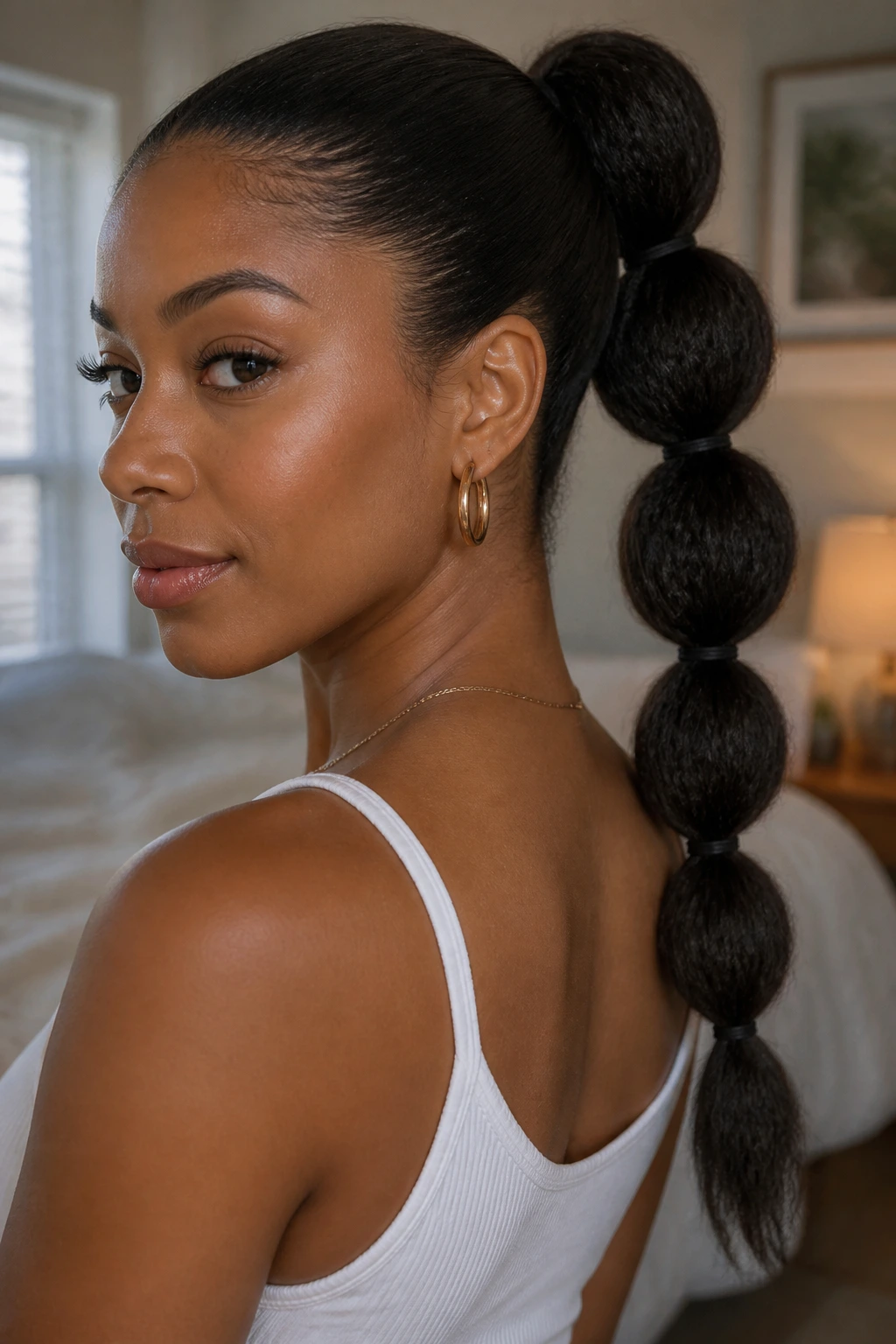 Close-up of a real woman with a bubble ponytail in a cozy bedroom, highlighting rounded elastic bubbles.