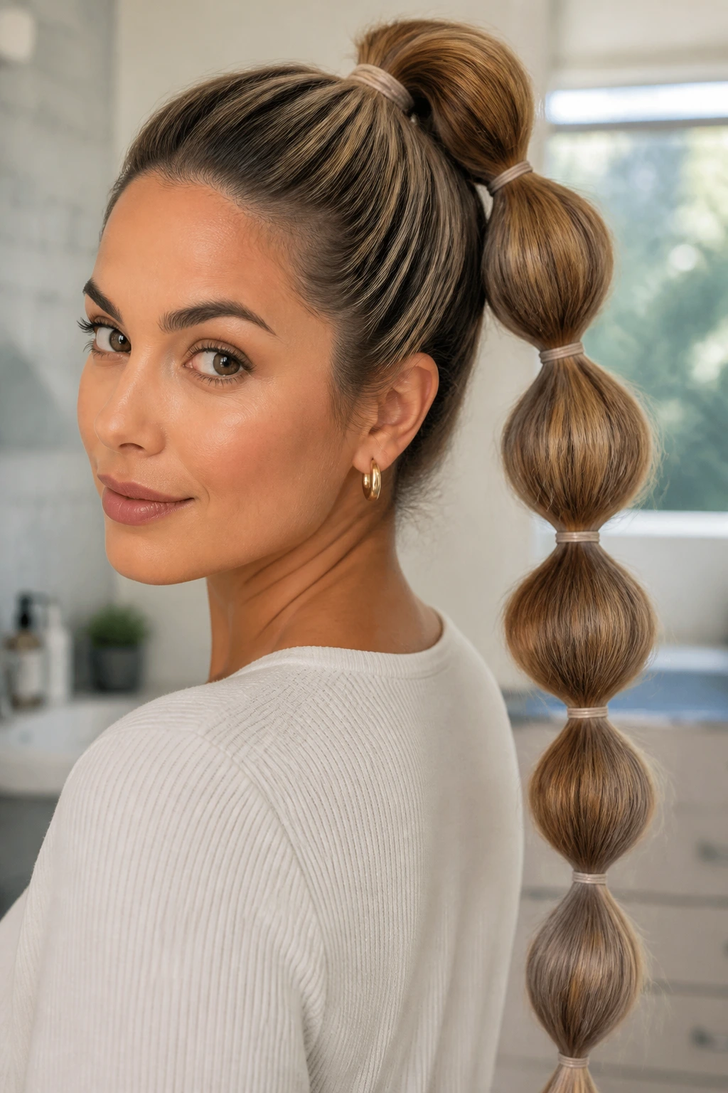 Real woman with bubble ponytail showing segmented bubbles along the length