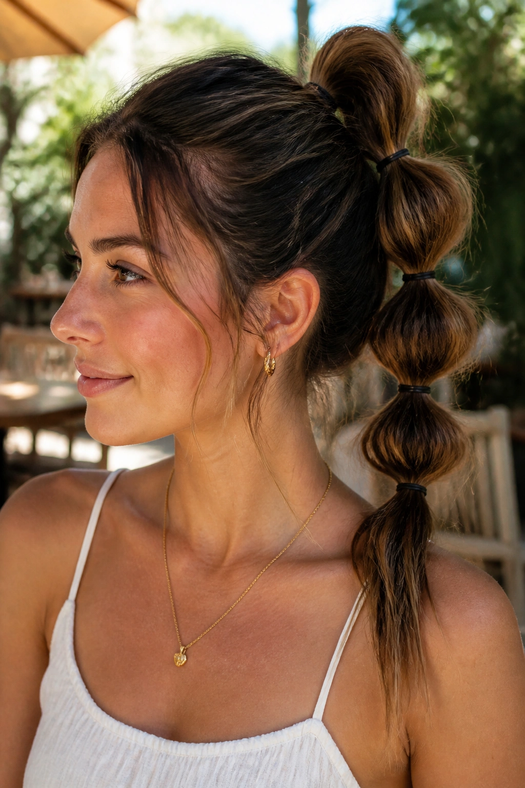 Close-up portrait of a real woman with a mid-height bubble ponytail and soft waves outdoors.