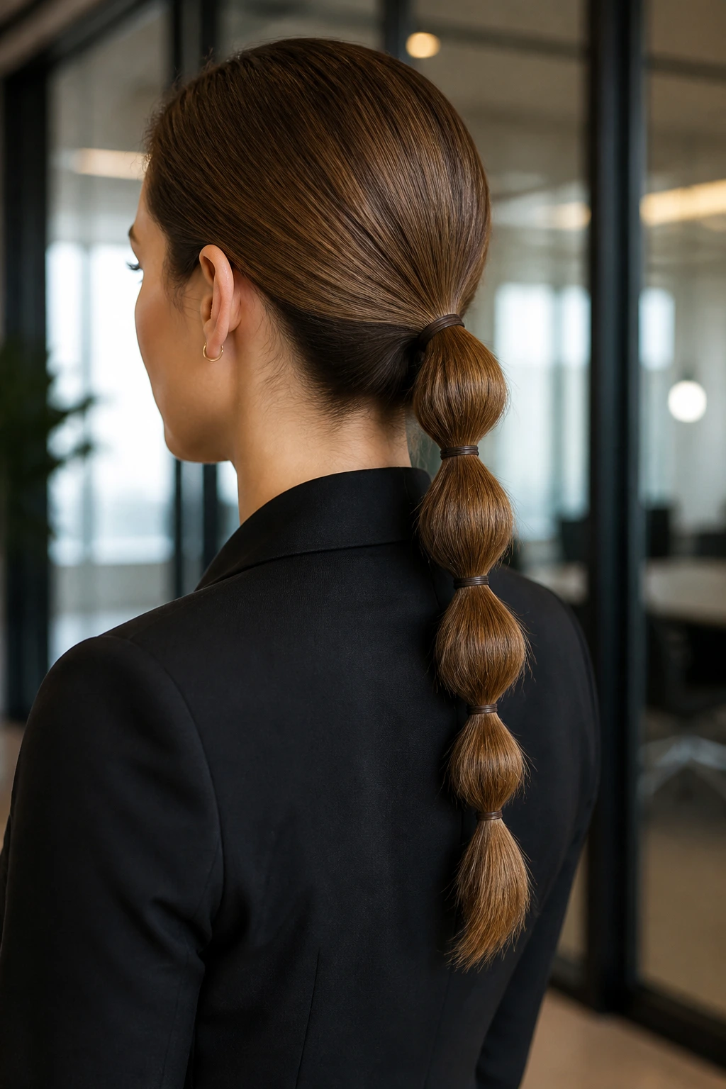 Portrait of a woman with a bubble ponytail in a professional setting