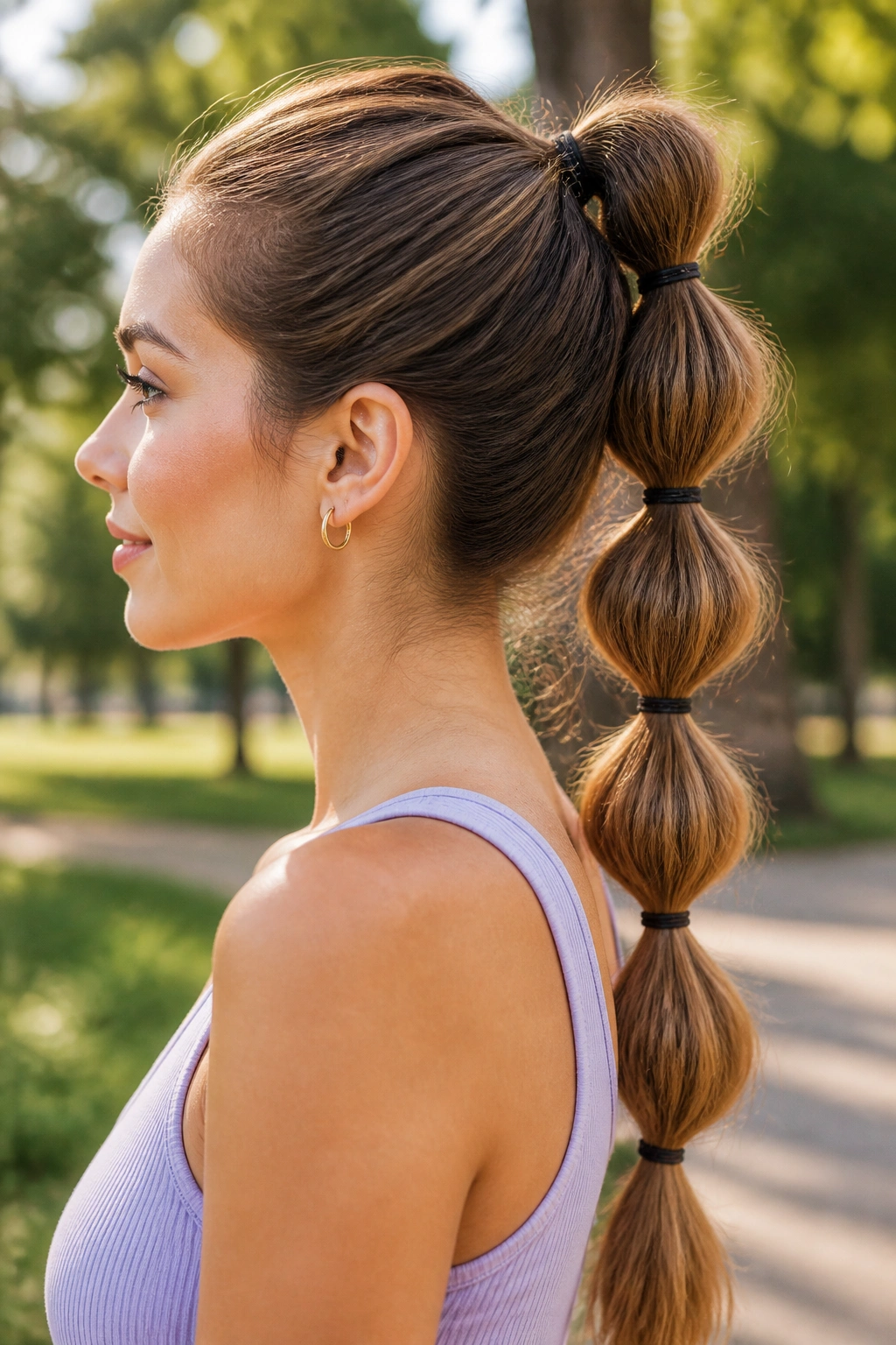 Close-up of a woman showing a bubble ponytail outdoors