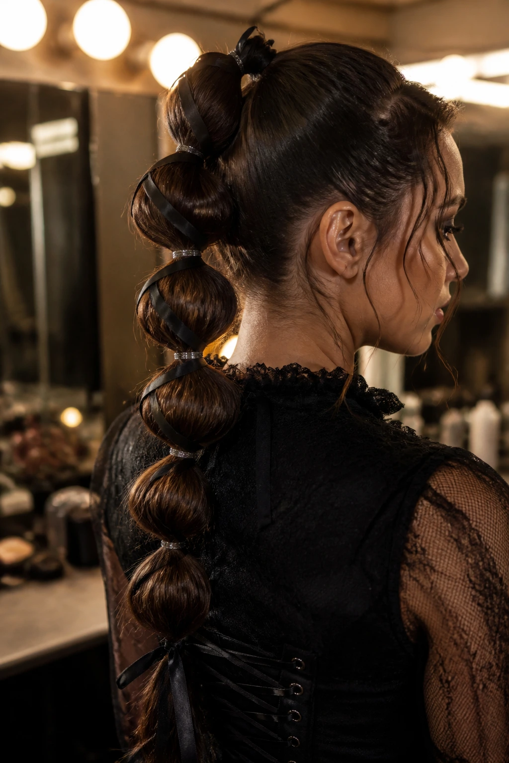 Close-up of bubble ponytail with ribbon wraps on a real person in a dressing room