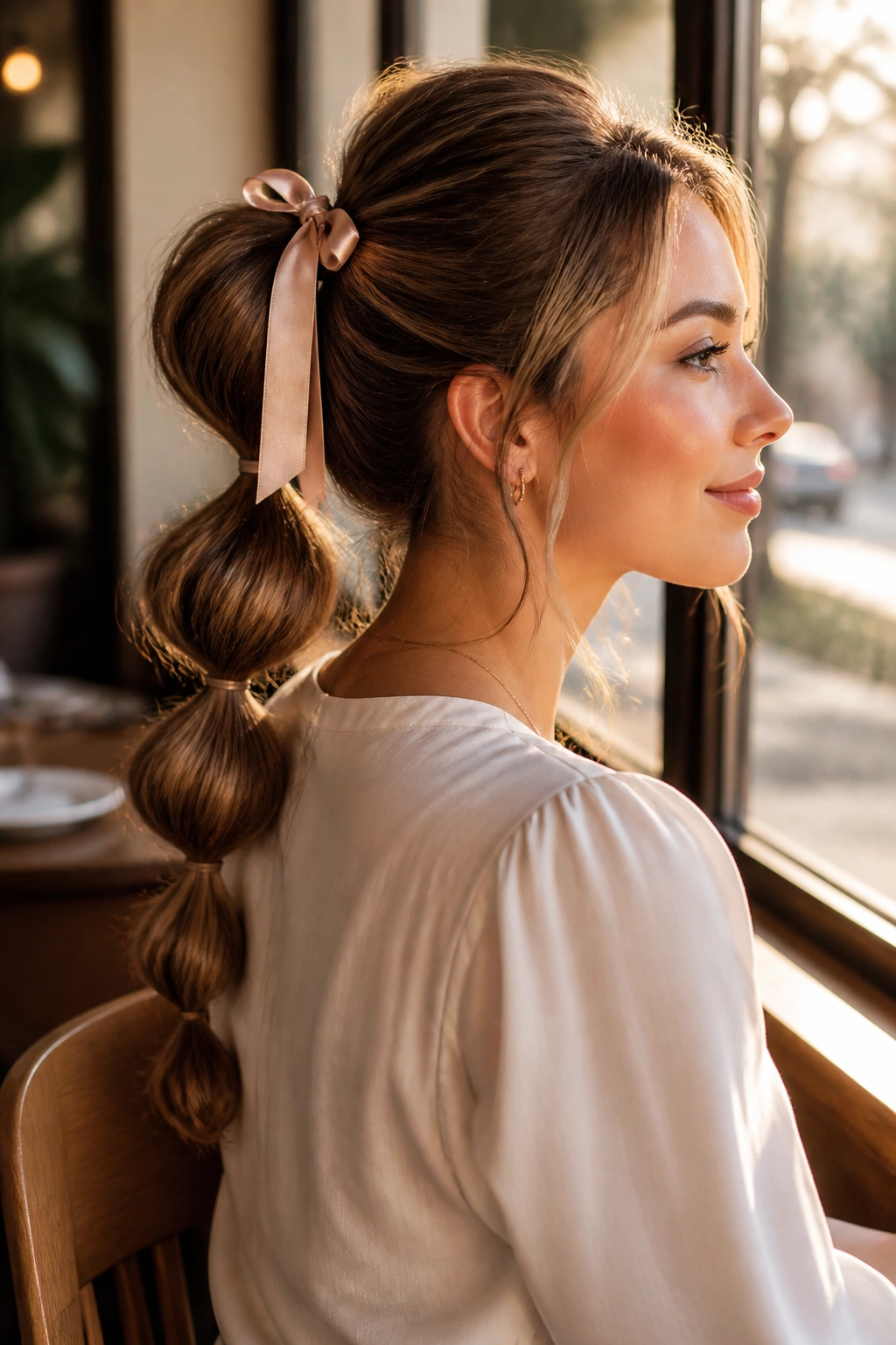 Portrait of woman with bubble ponytail and ribbon in cafe light