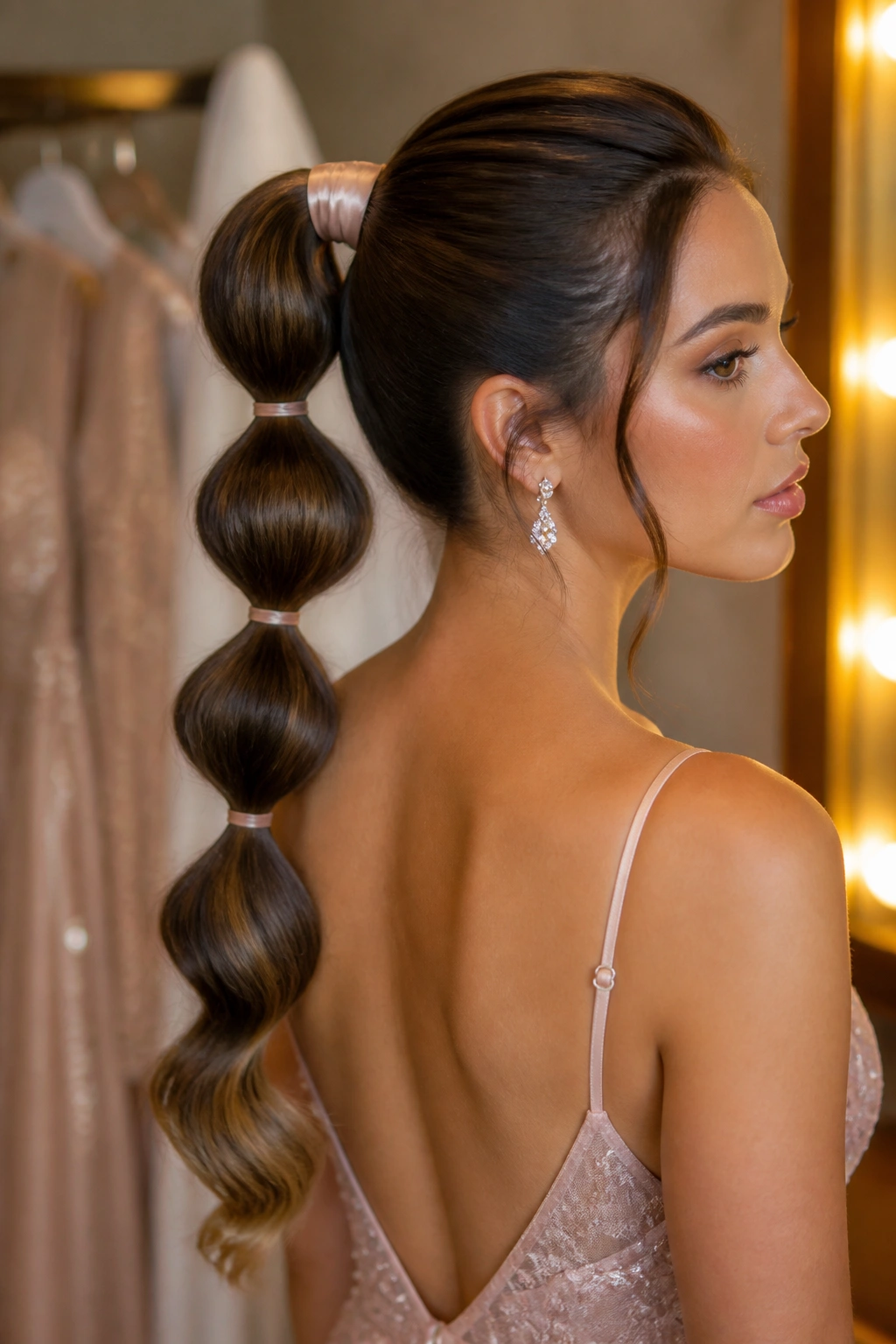 Close-up of a real woman with bubble ponytail and satin wrap