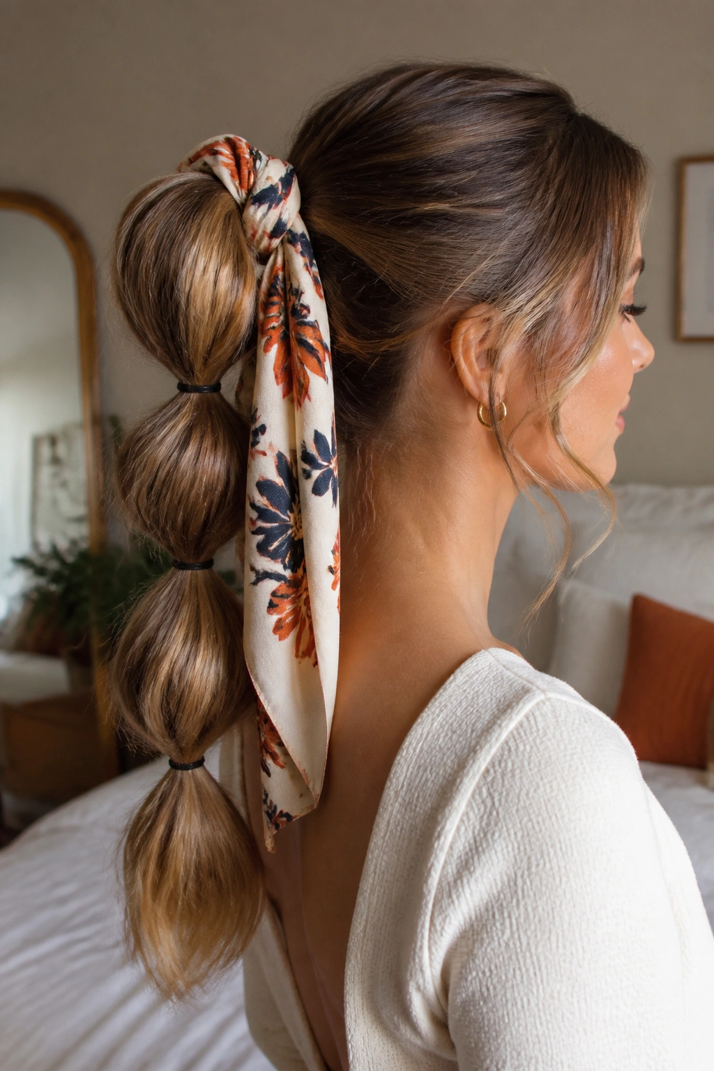 Real person with a bubble ponytail and scarf at the base in a cozy setting.