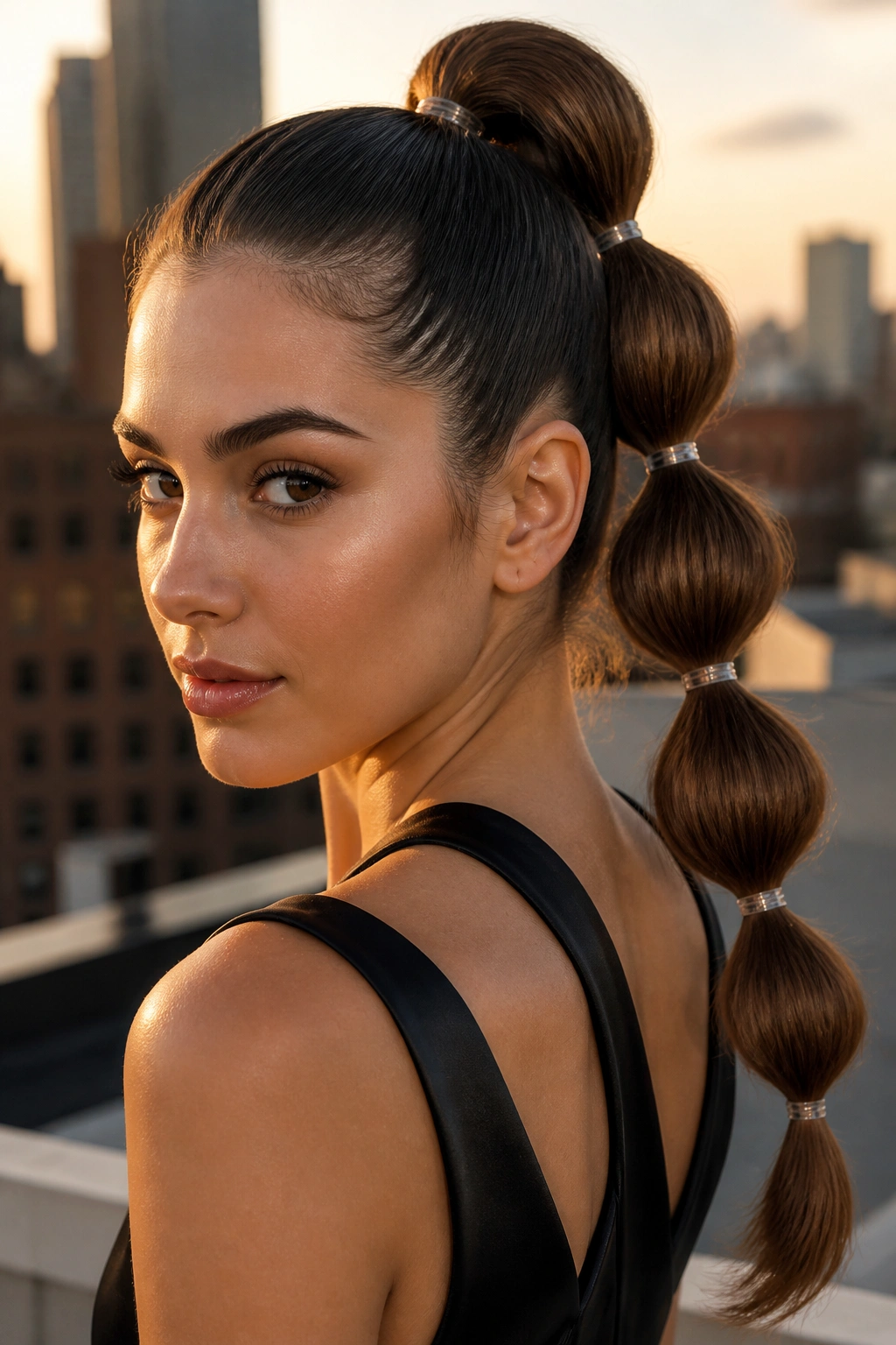 Bubble high ponytail with visible rounded segments along the ponytail.
