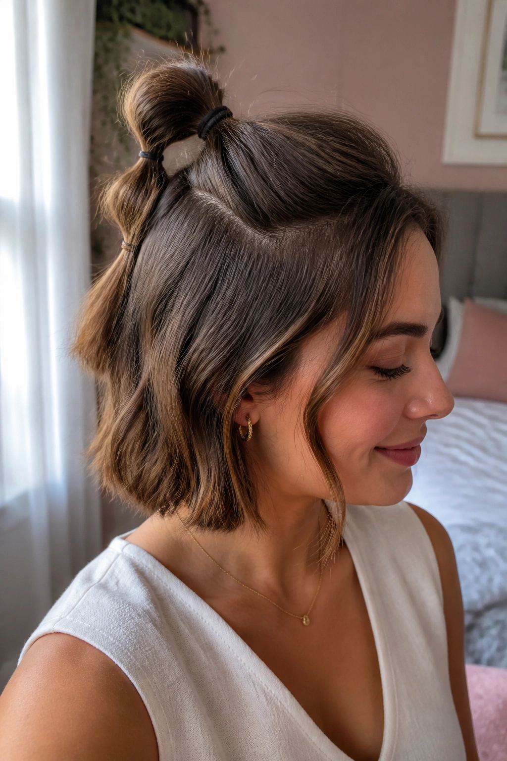 Close-up of a real woman with a bubble half ponytail on short hair, two bubbles, soft bedroom light