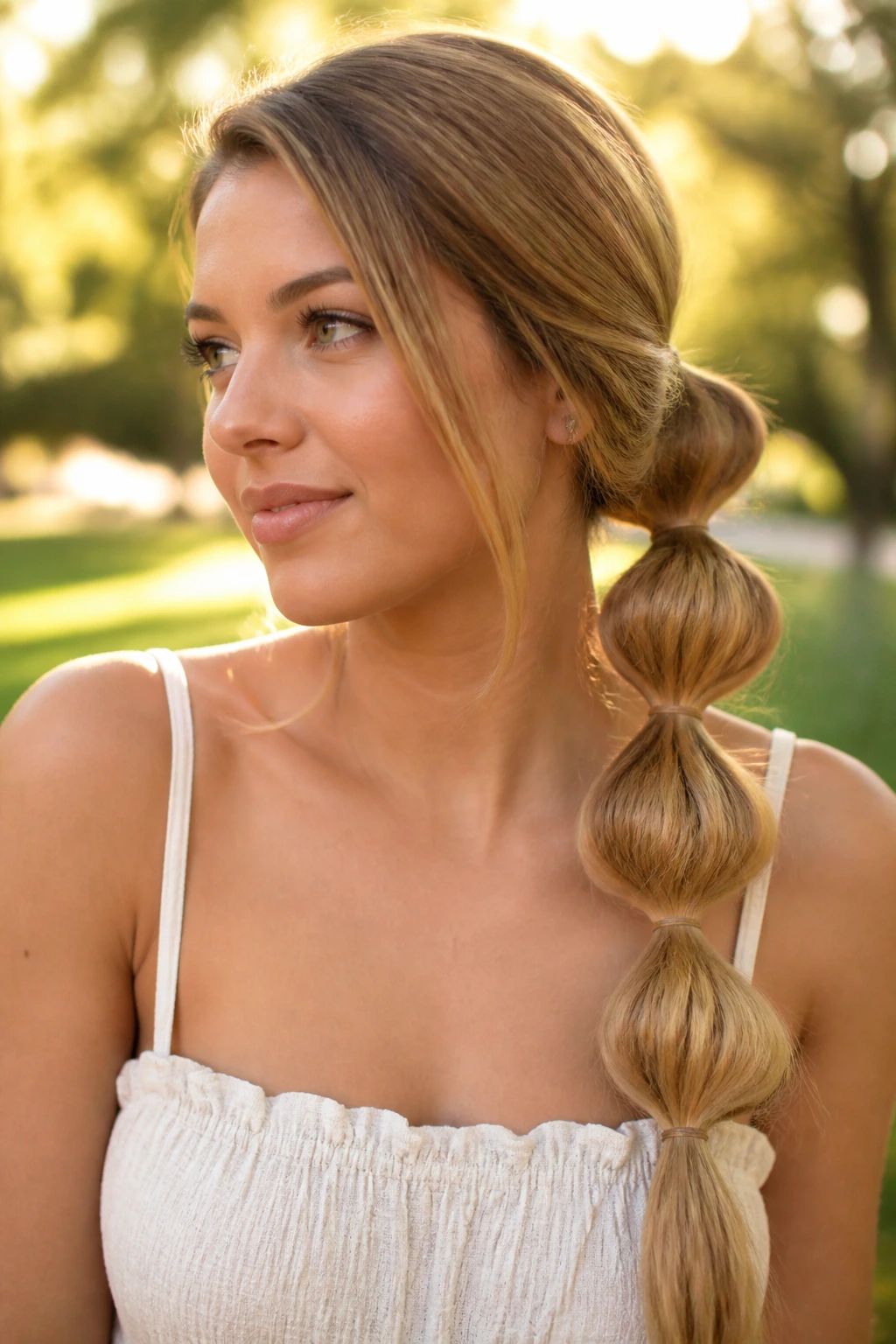 Close-up of a real woman with a bubble ponytail in a sunlit outdoor setting