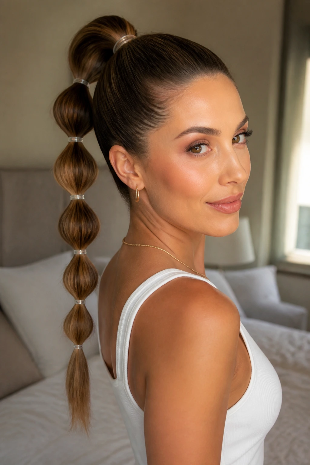 Close-up of a woman with a bubble ponytail and tapered ends in warm bedroom light