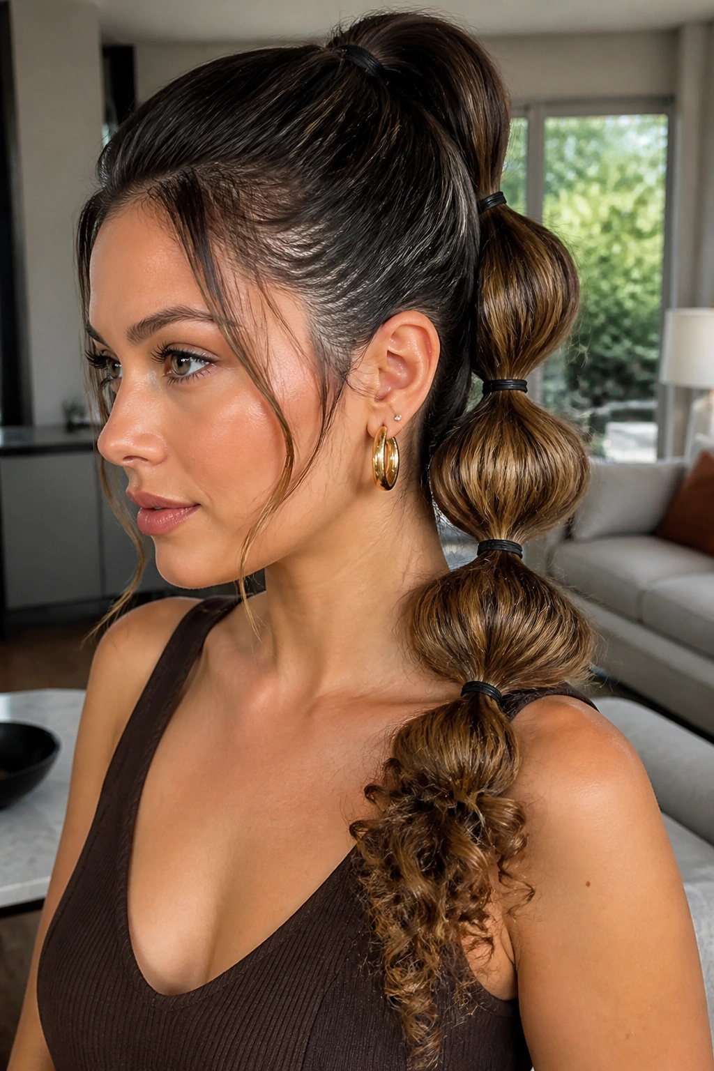 Real person with a bubble ponytail showing mixed textures organized in bubbles.