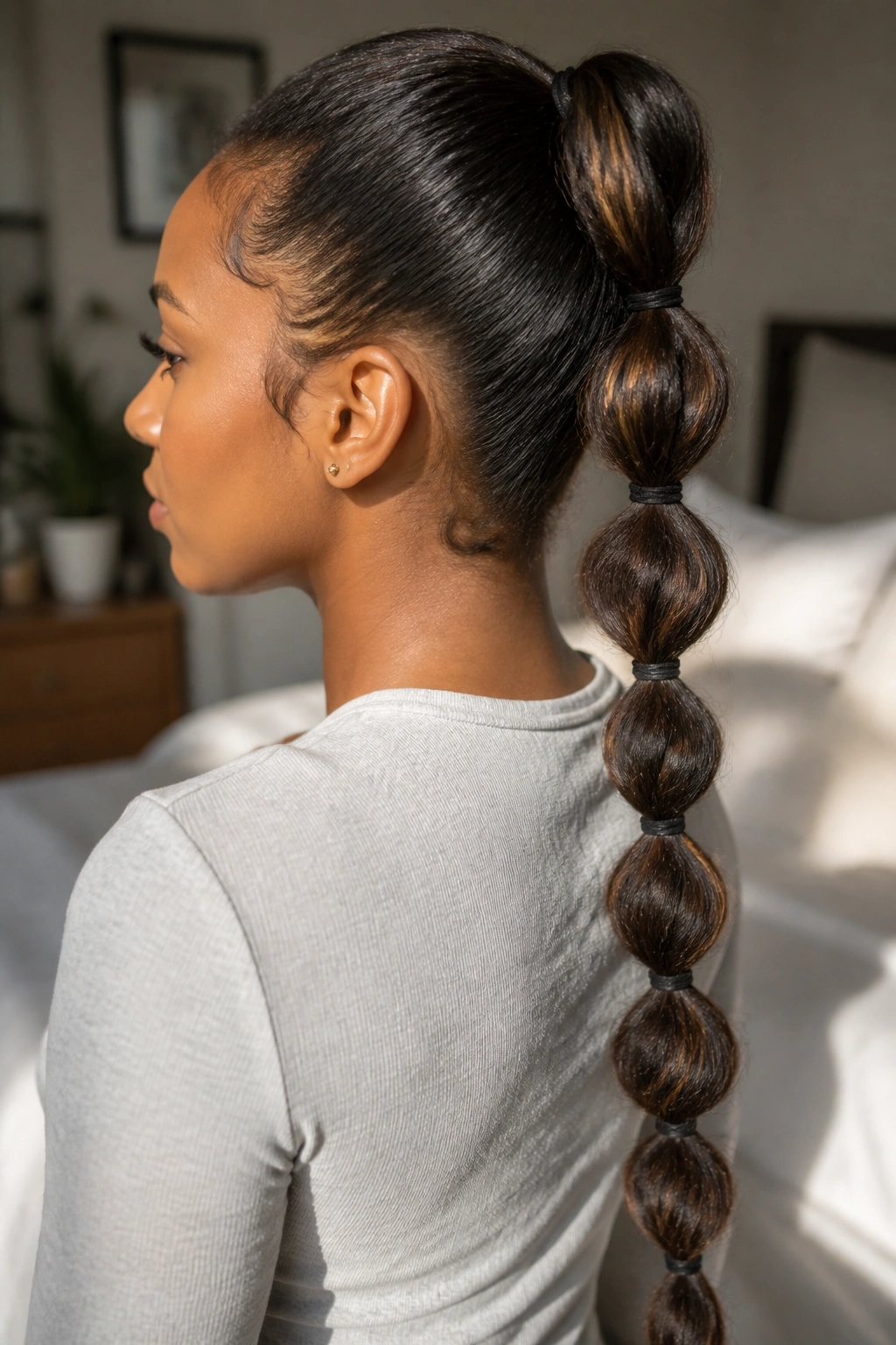 Close-up of real woman's head showing a twisted bubble ponytail with distinct bubble sections.