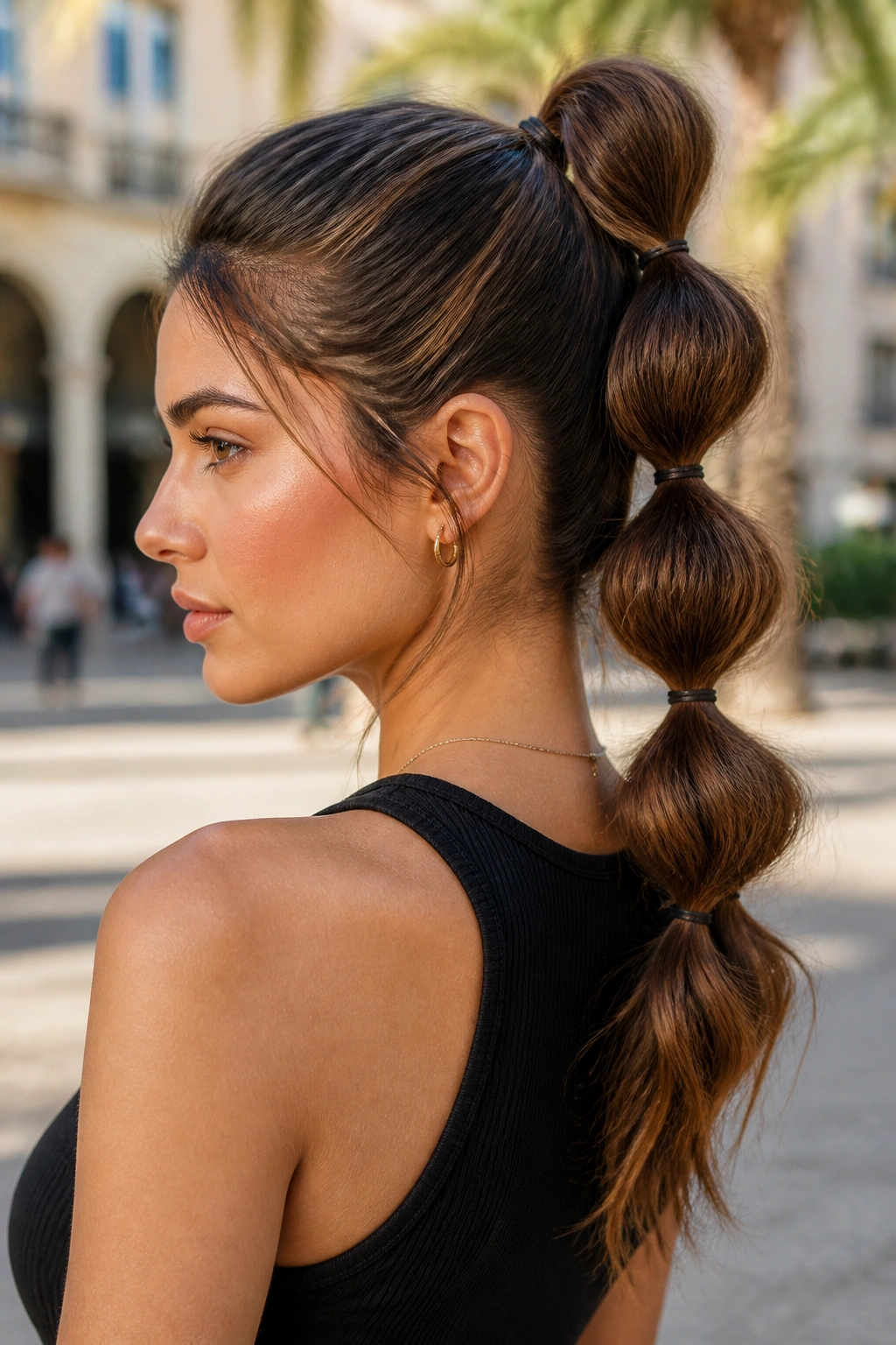 Close-up of a real woman with a bubble ponytail updo.