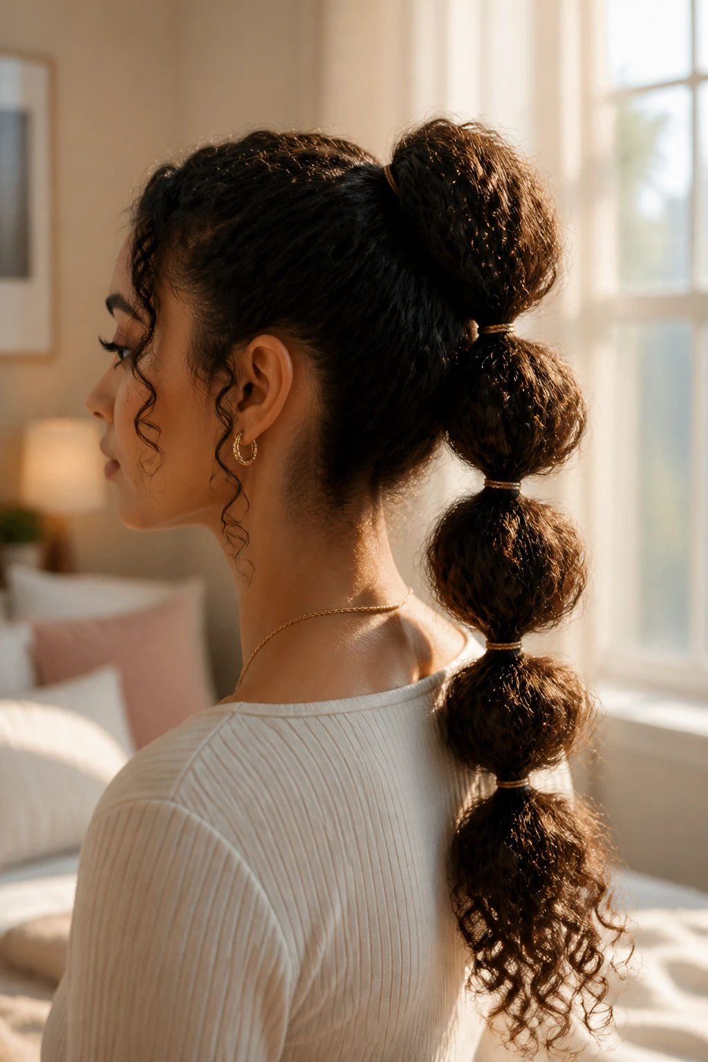 Real woman with a bubble ponytail showing puffed sections along the length