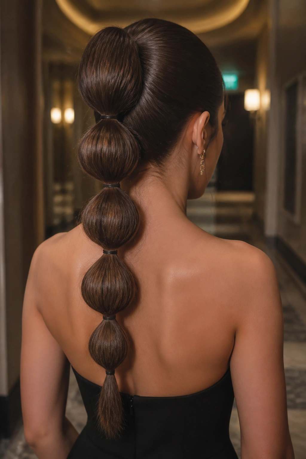 Back view of a real woman with a high bubble ponytail showing rounded segments