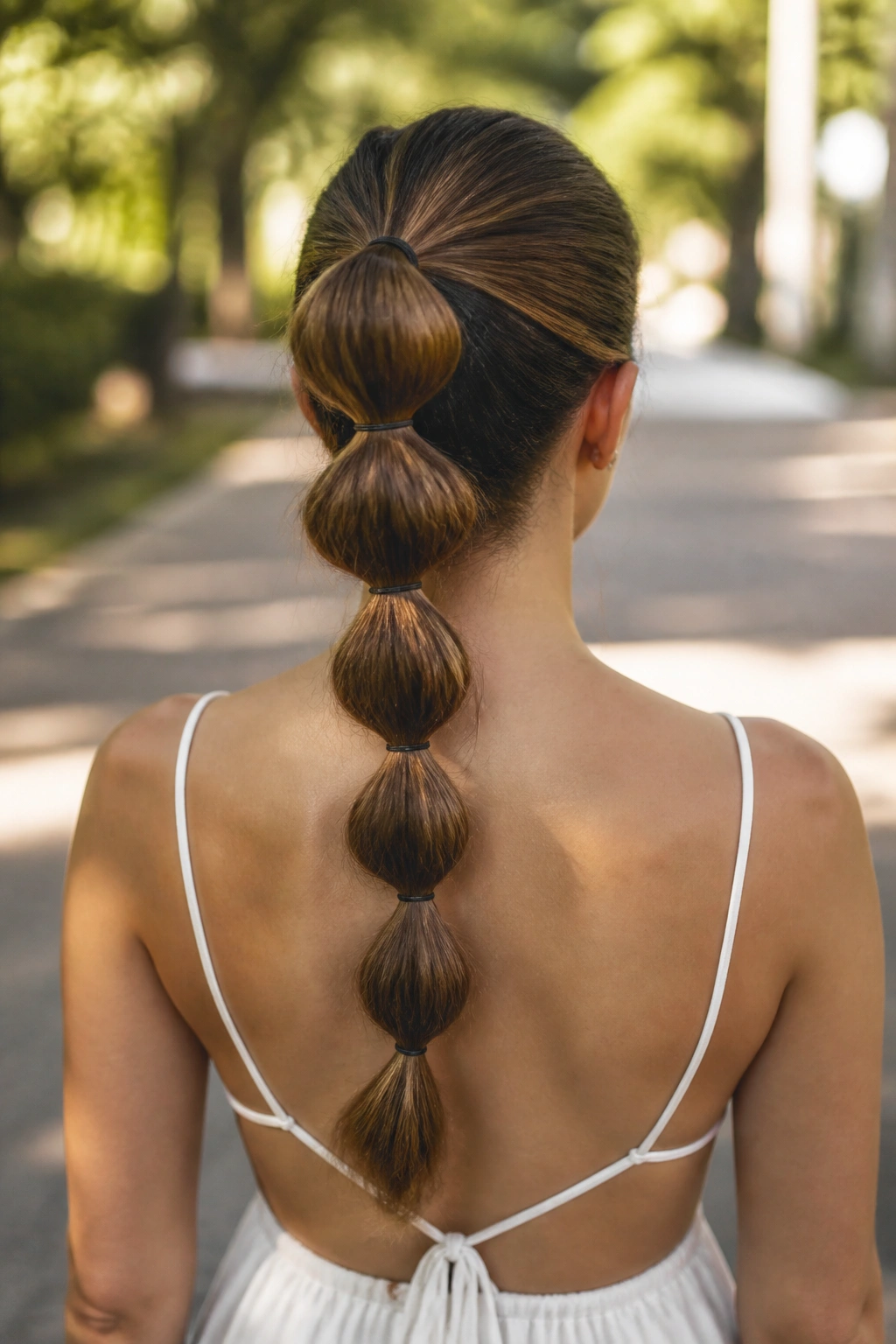 Back-view portrait of a real woman with a bubble ponytail.